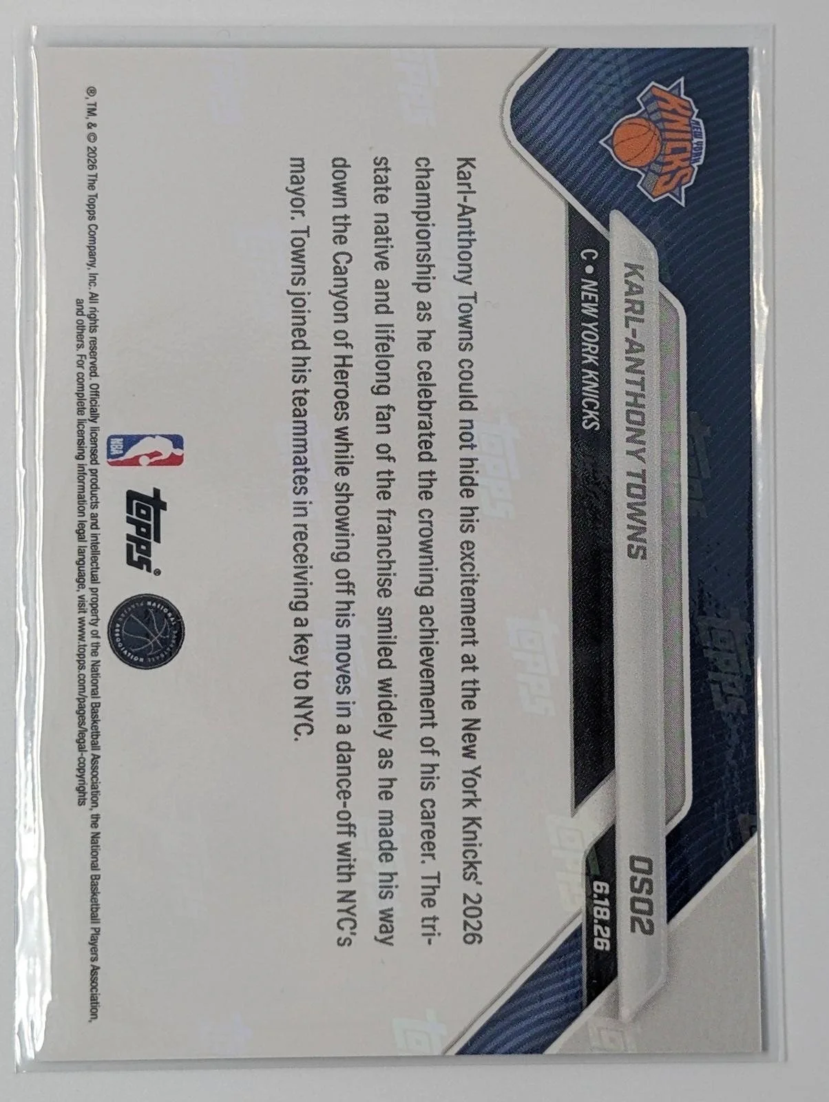 Back of 2025-26 Topps Now Karl-Anthony Towns #OSO2