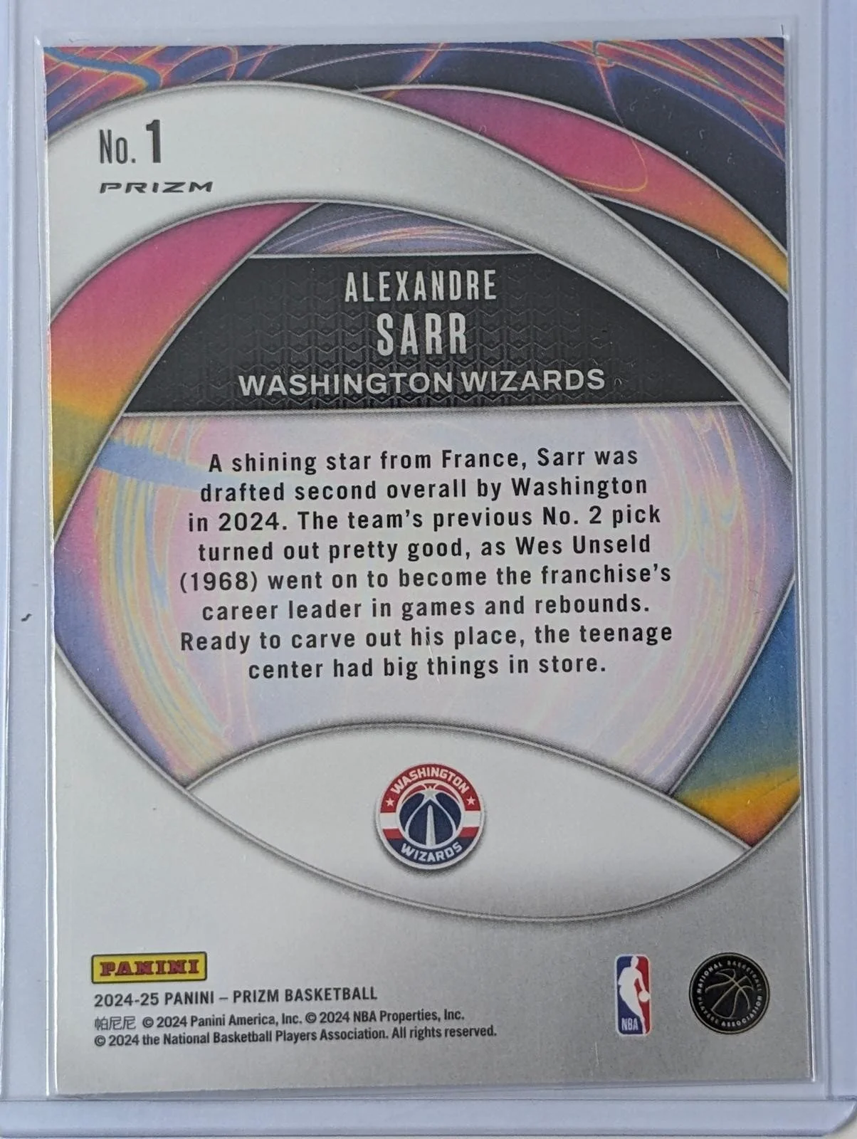 Back of 2024-25 Panini Prizm Alexandre Sarr Instant Impact Silver Prizms #1 RC