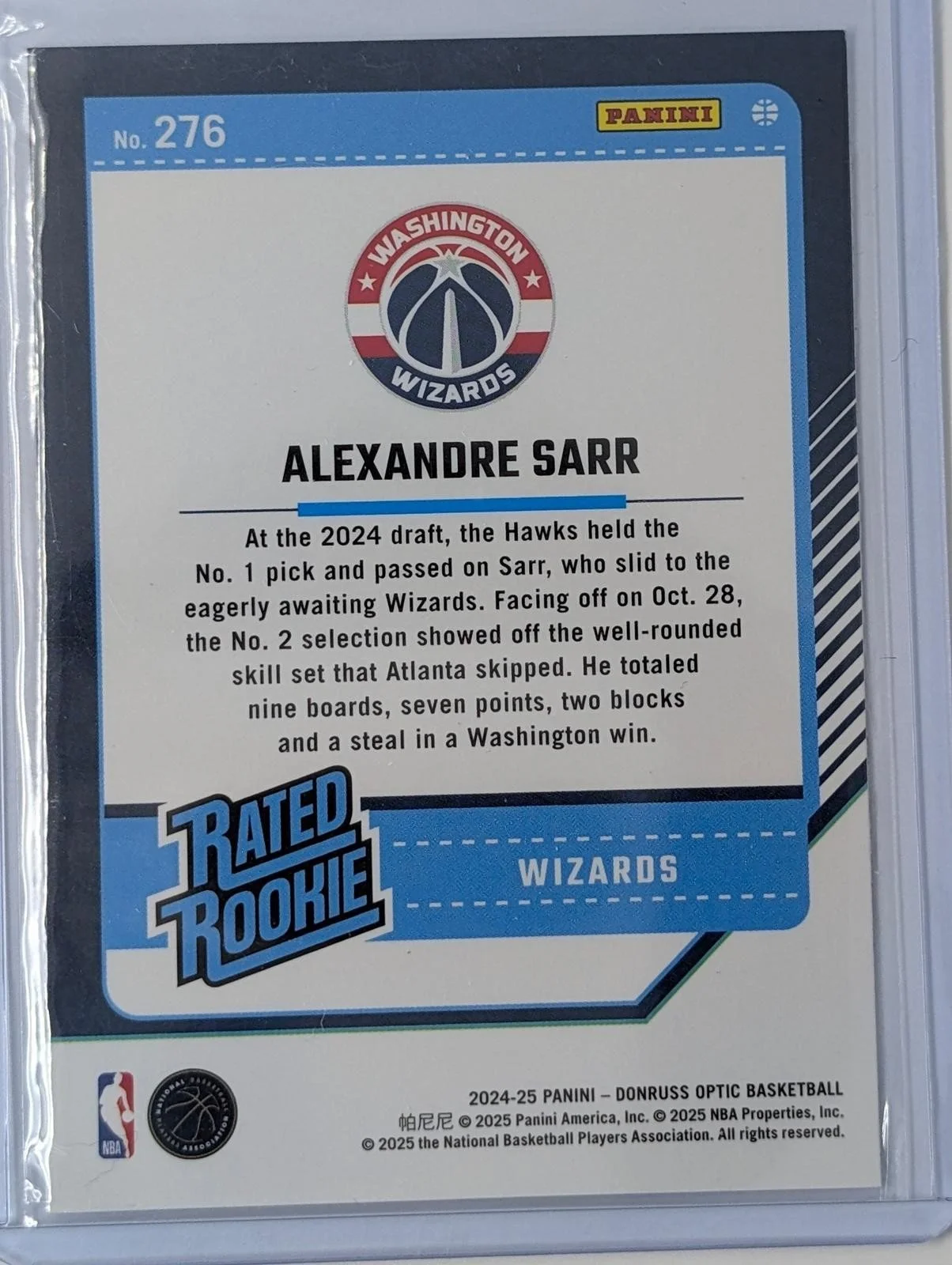 Back of 2024-25 Donruss Optic #276 Alexandre Sarr