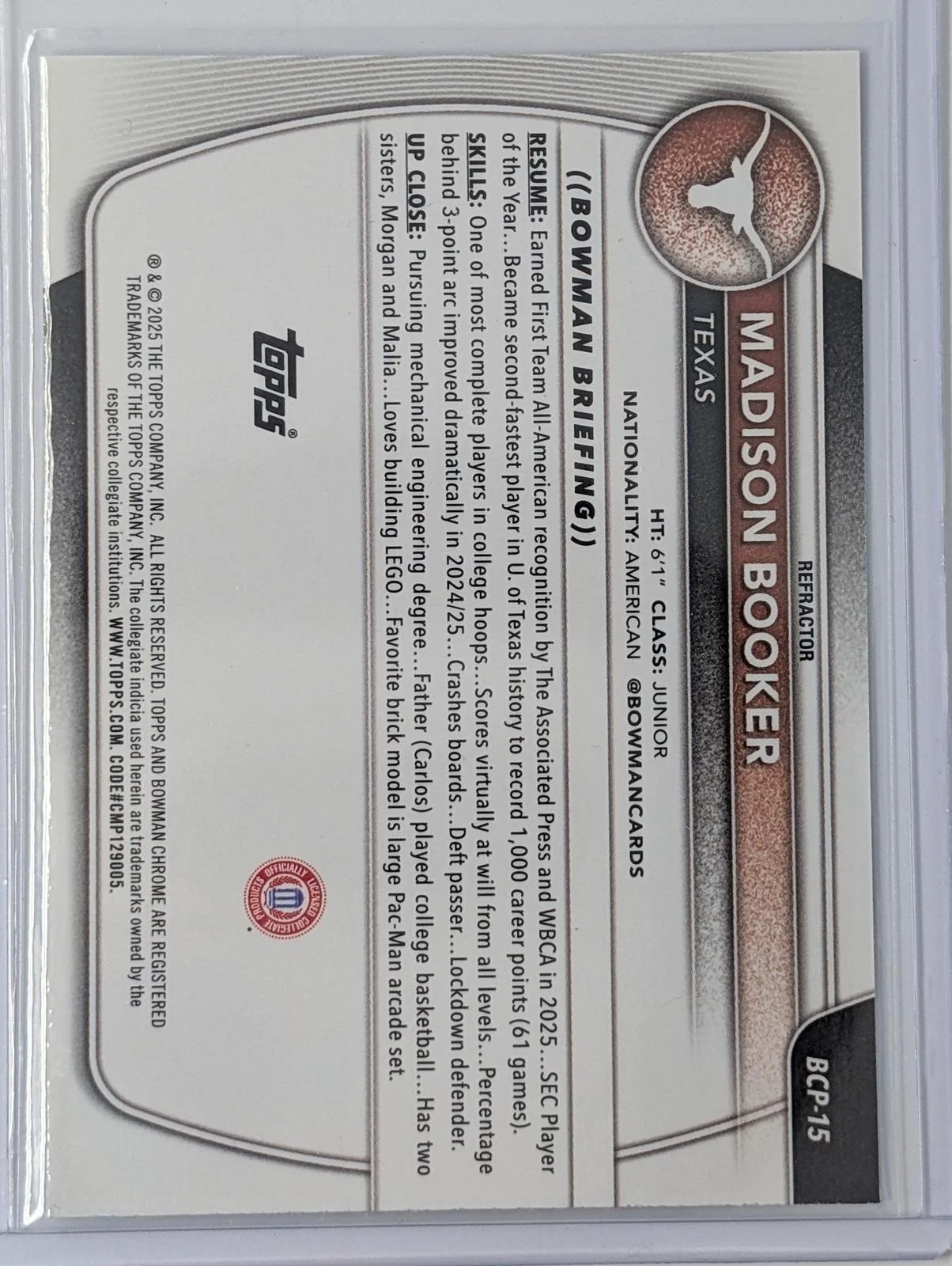Back of 2025-26 Bowman Chrome /499 Madison Booker Refractor #BCP-15