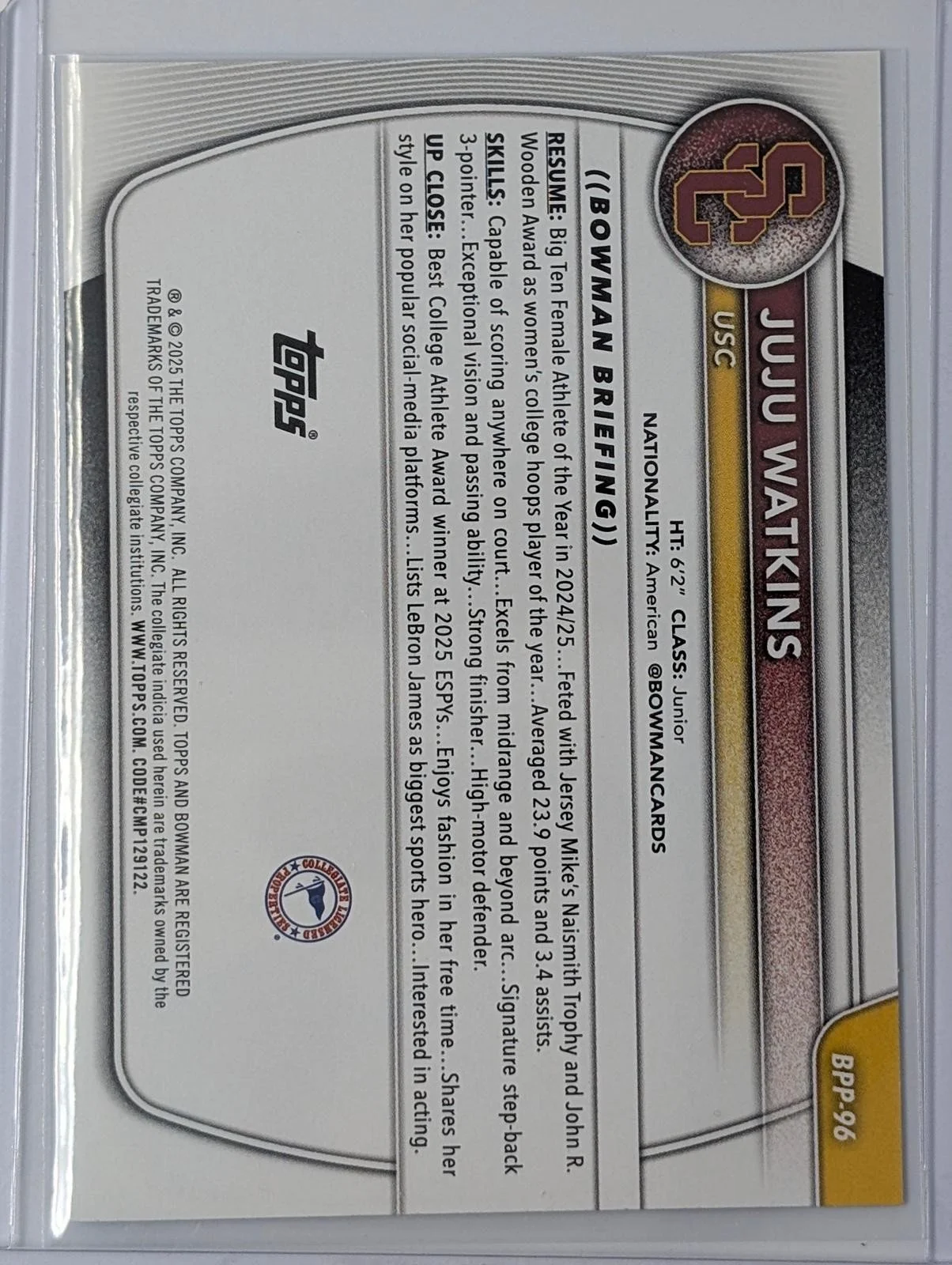 Back of 2025-26 Bowman Chrome /199 JuJu Watkins Fuchsia Refractor #BCP-96