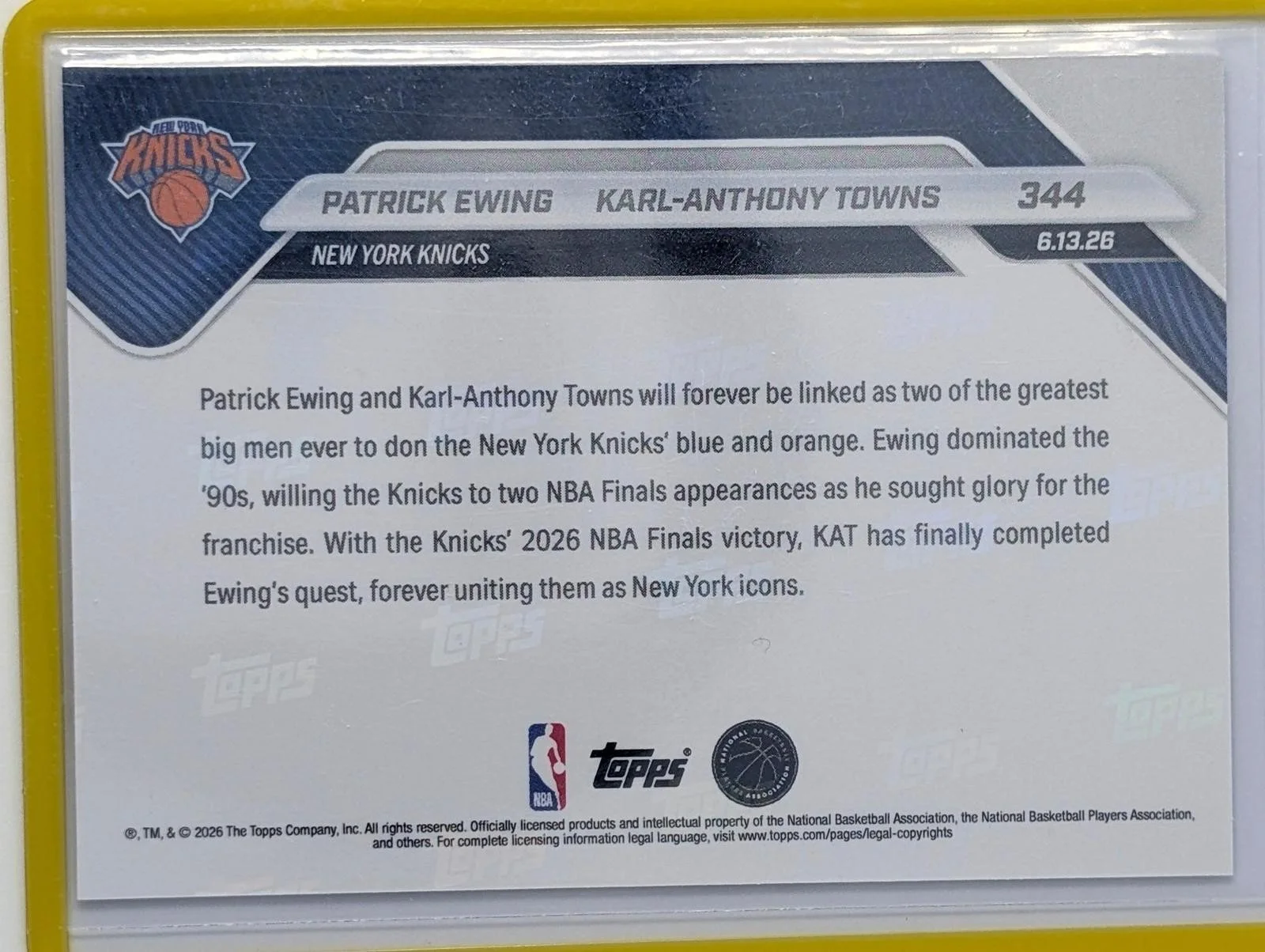 Back of 2025-26 Topps Now Patrick Ewing / Karl-Anthony Towns #344