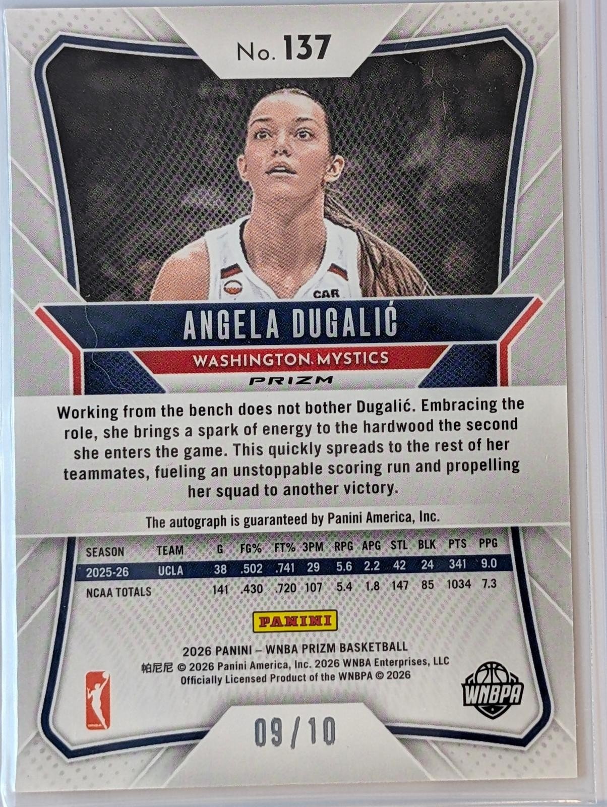 Back of 2026 Panini Prizm WNBA /10 Angela Dugalic Gold Prizms Auto #137 RC