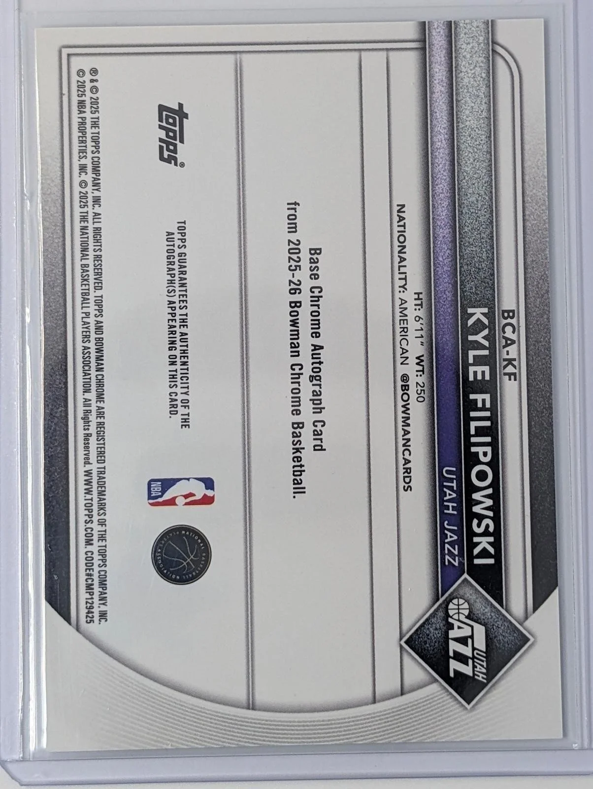 Back of 2025-26 Bowman Chrome Auto Kyle Filipowski #BCA-KF
