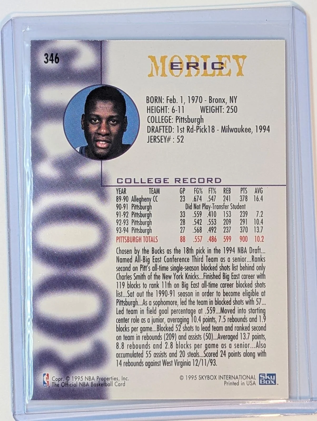 Back of 1994-95 Hoops Eric Mobley #346 RC
