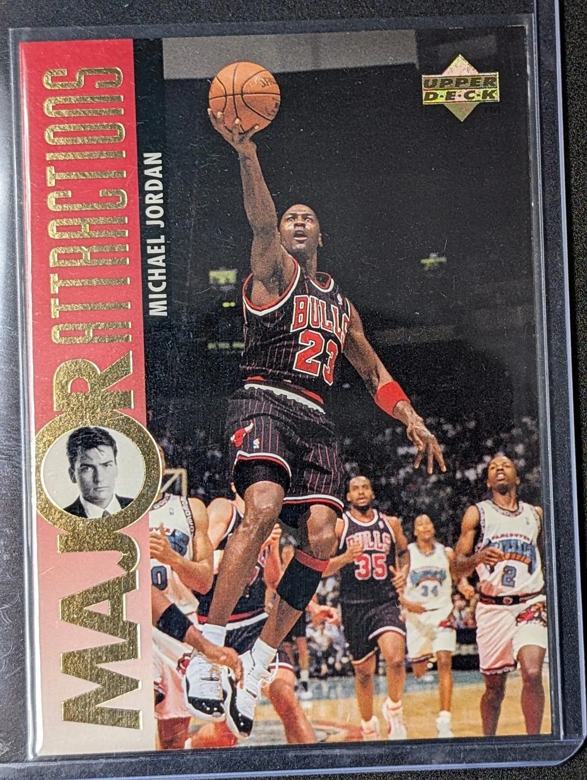 Front of 1995-96 Upper Deck Michael Jordan / Charlie Sheen Major Attractions #339