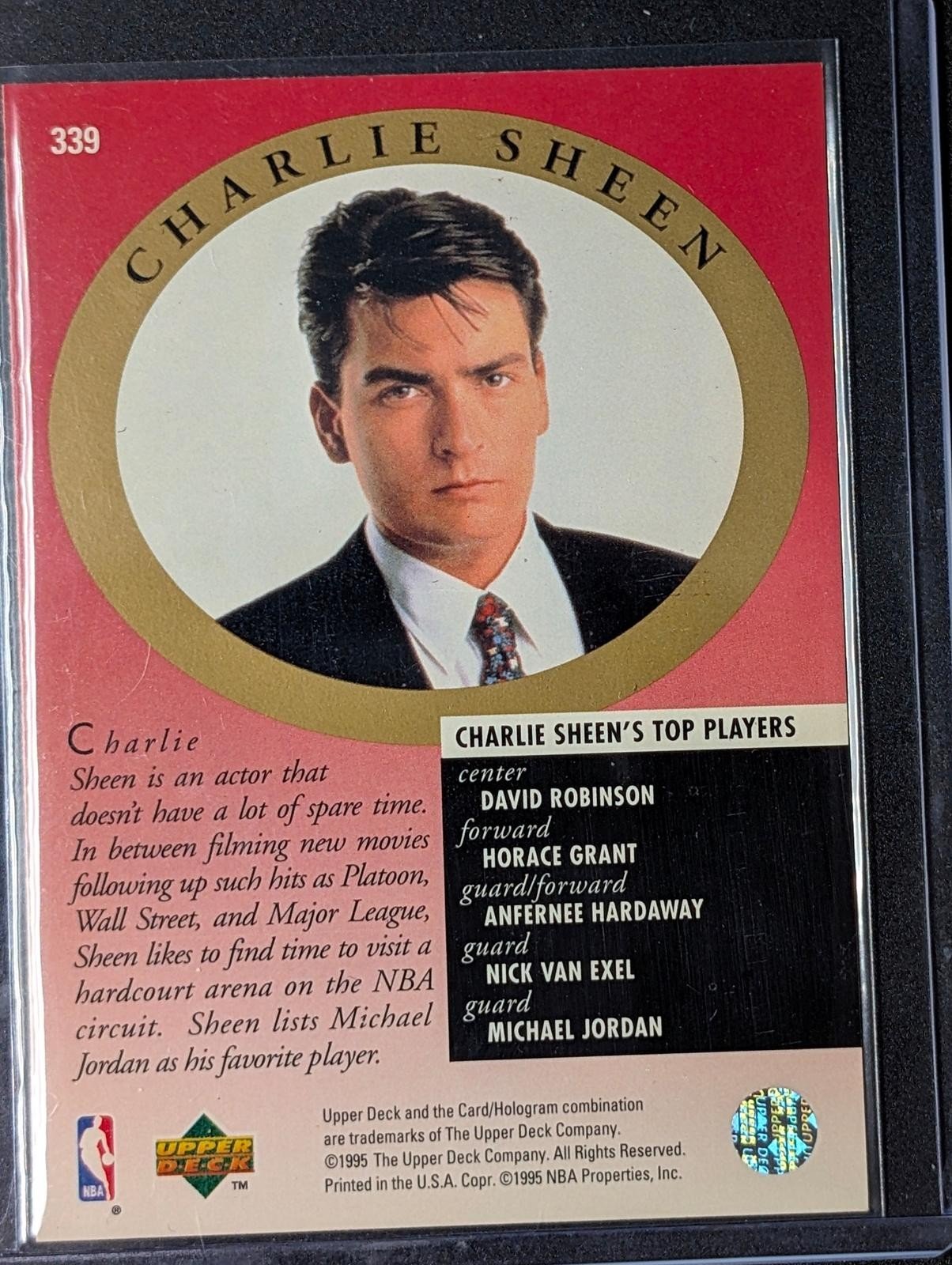 Back of 1995-96 Upper Deck Michael Jordan / Charlie Sheen Major Attractions #339