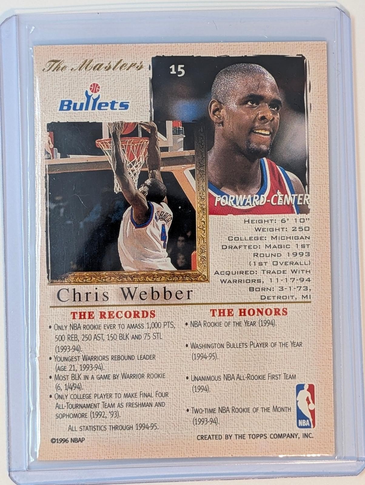Back of 1995-96 Topps Gallery Chris Webber The Masters #15