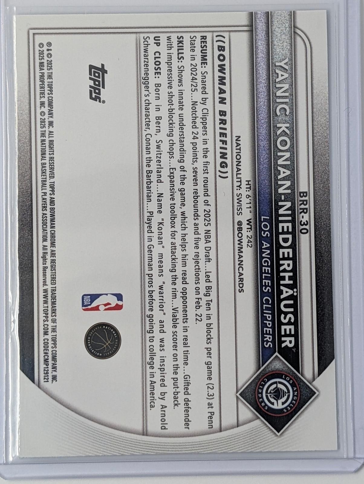 Back of 2025-26 Bowman Yanic Konan Niederhauser Red RC Logo #BRR-30 RC