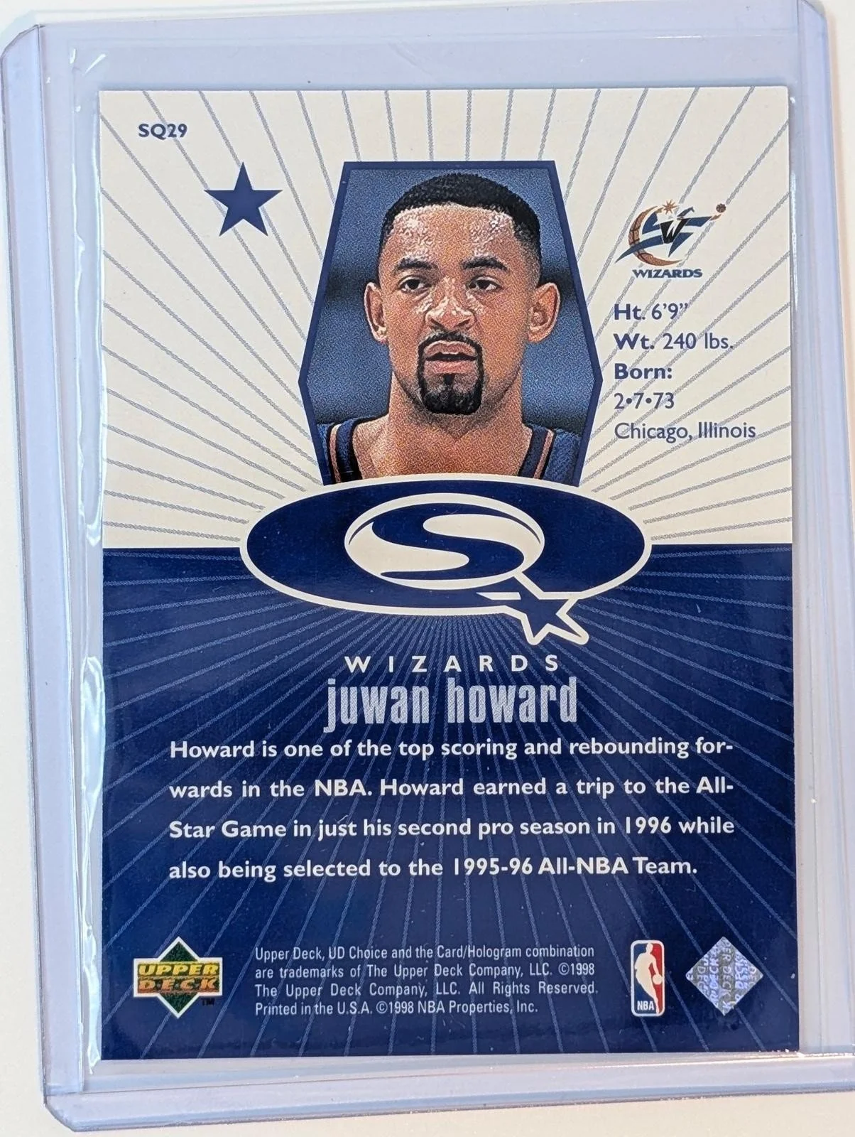 Back of 1998-99 UD Choice Juwan Howard StarQuest Blue #SQ29