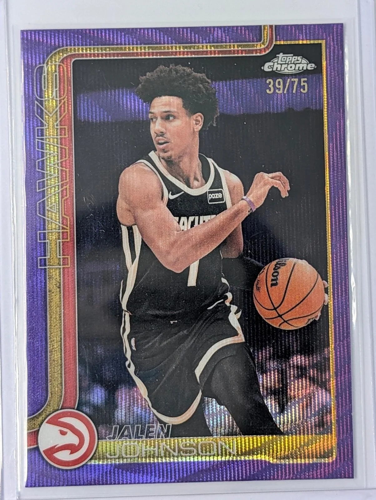 Front of 2025-26 Topps Chrome Update /75 Jalen Johnson Purple RayWave Refractor #49
