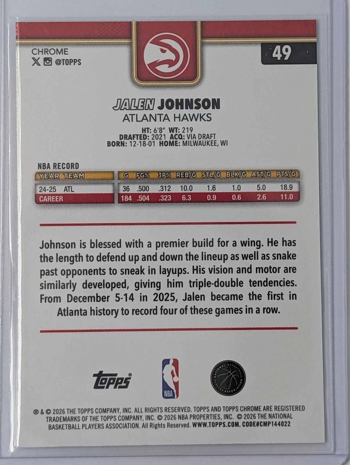 Back of 2025-26 Topps Chrome Update /75 Jalen Johnson Purple RayWave Refractor #49