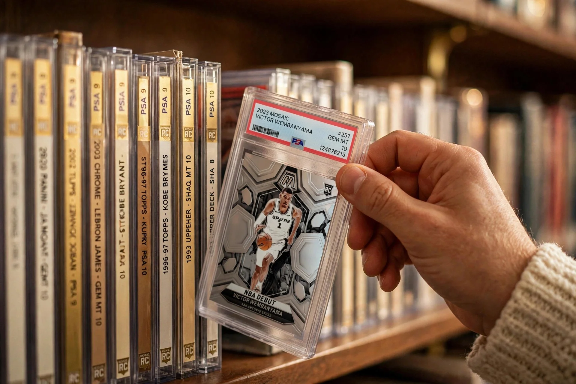 A collector pulling a graded Victor Wembanyama Mosaic PSA 10 slab from a library shelf of graded cards
