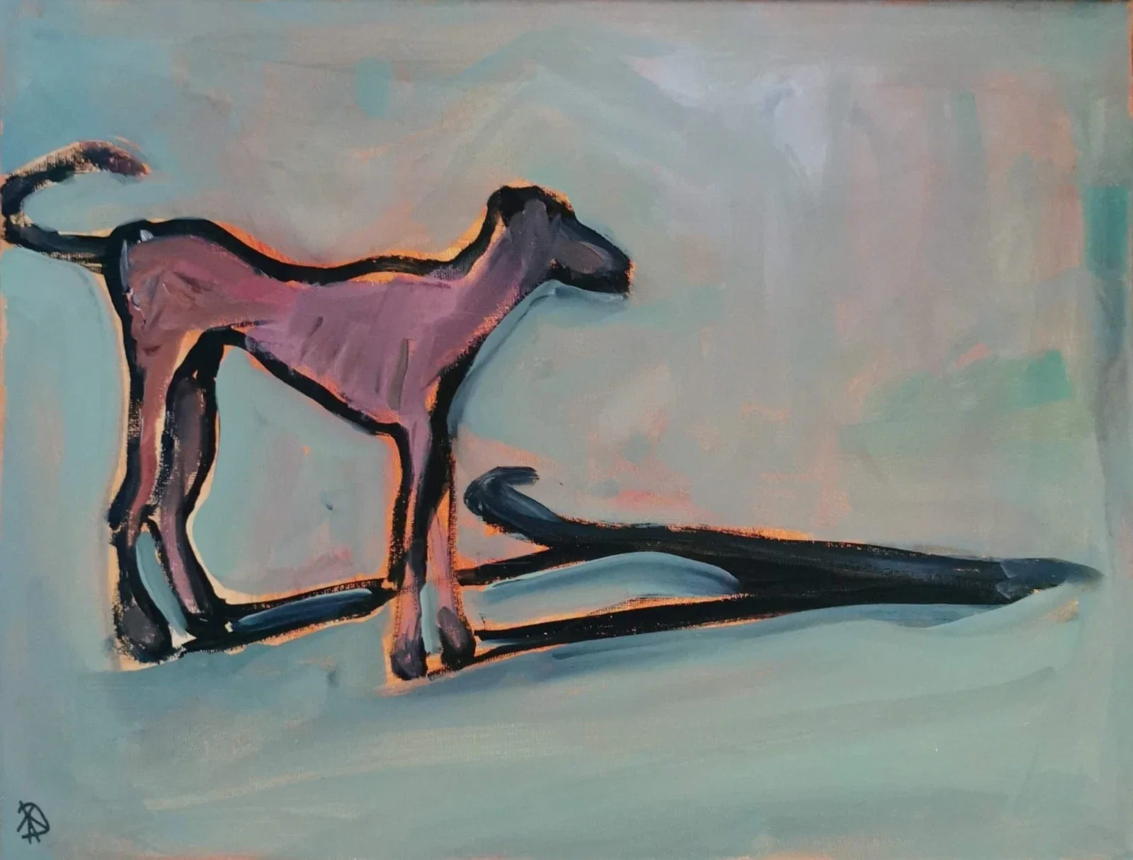 Abstract painting of a dog with pink and purple hues, standing on a light blue background with a long shadow.