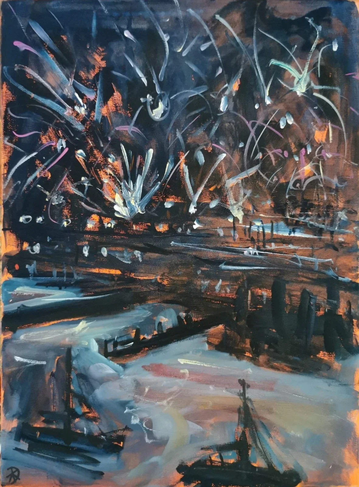 Abstract painting depicting a fiery orange and dark black scene with swirling brushstrokes, suggesting chaos or a blaze.