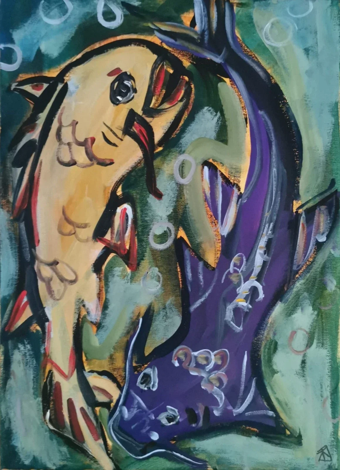 An abstract painting of fish painted with bold strokes and vibrant colours like purple, green, yellow, and red.