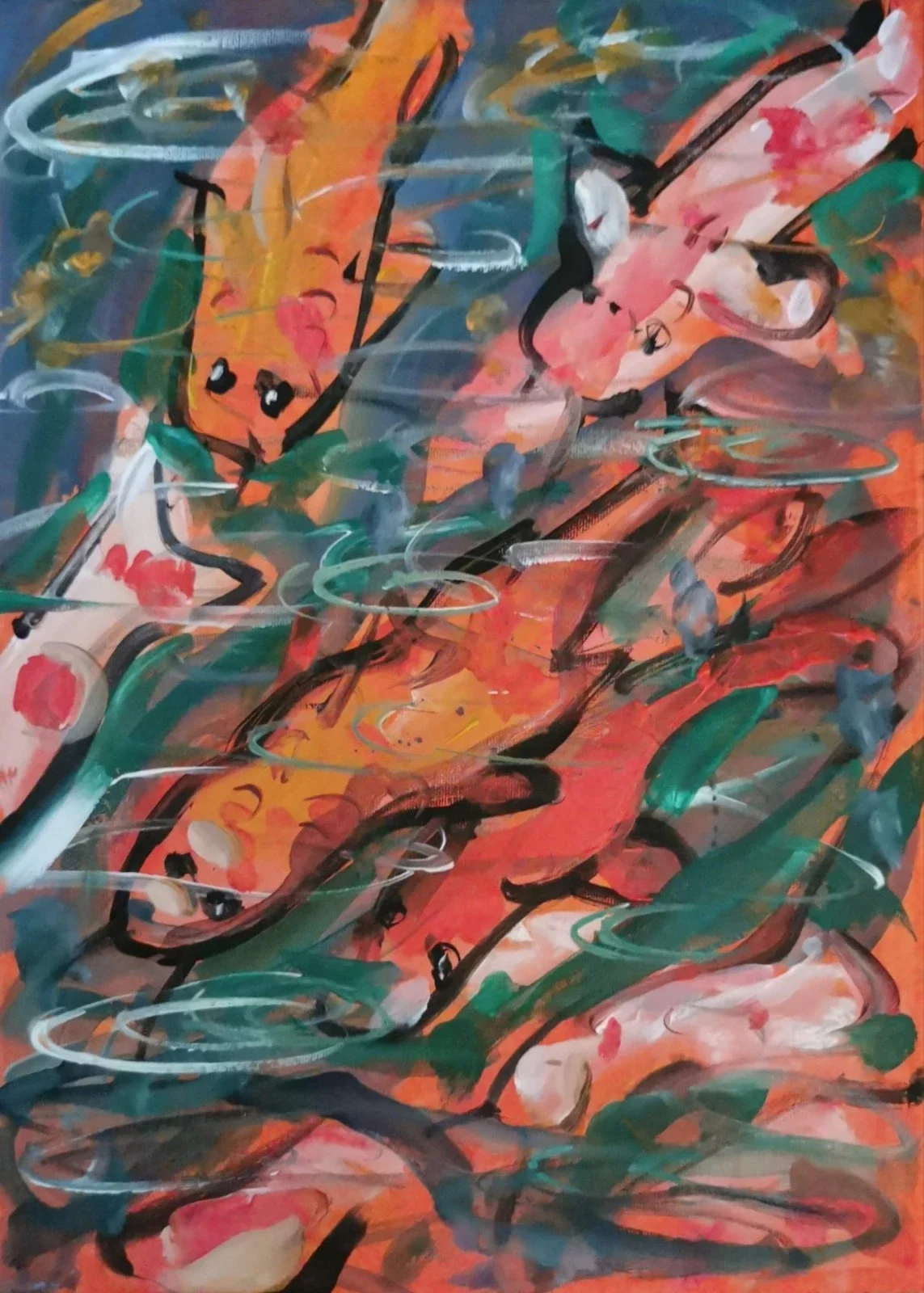 An abstract painting of fish with vibrant swirls and splashes of orange, green, black, white, and hints of pink and yellow, featuring bold brushstrokes and dynamic lines.