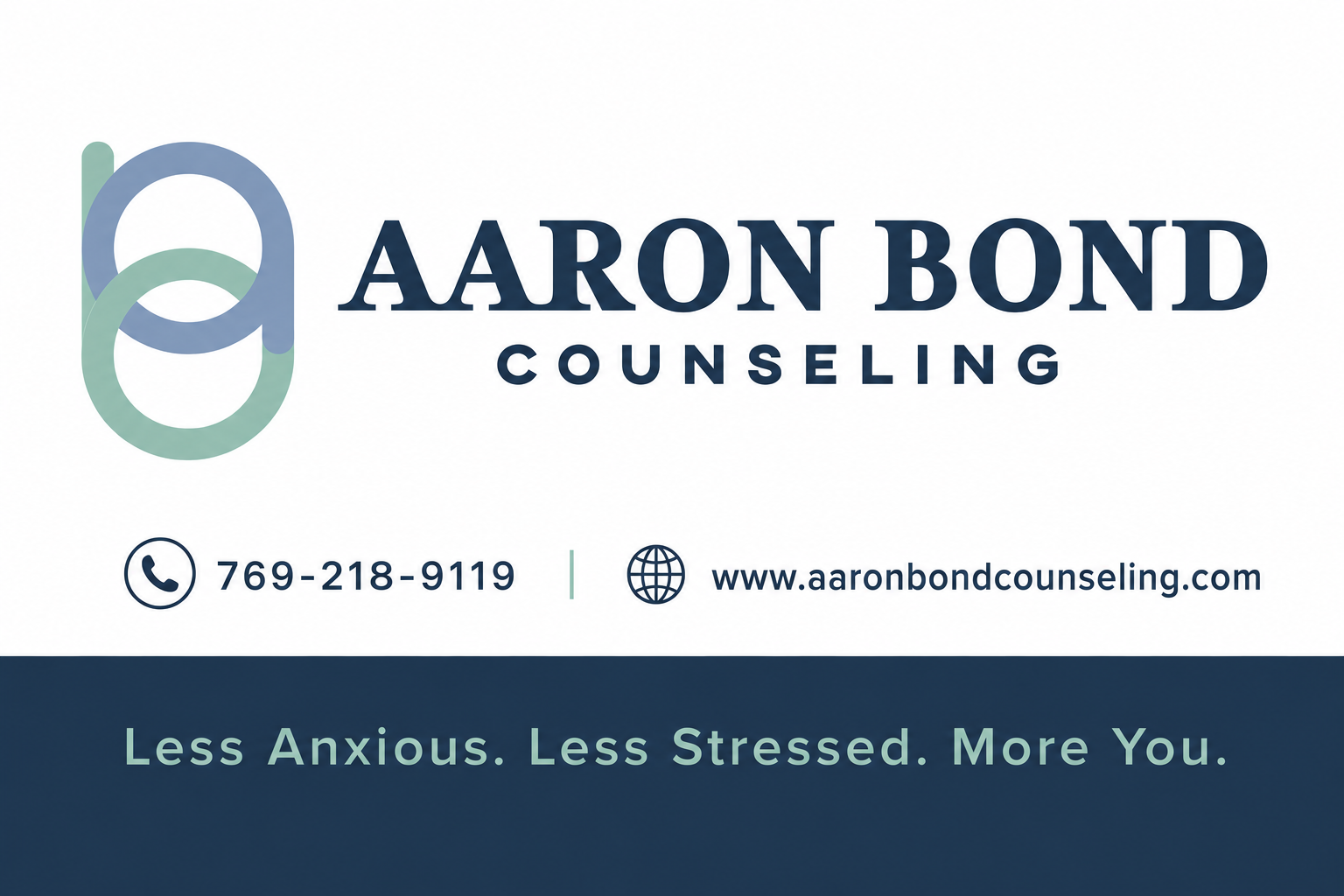 Business card for Aaron Bond Counseling with contact information and slogan