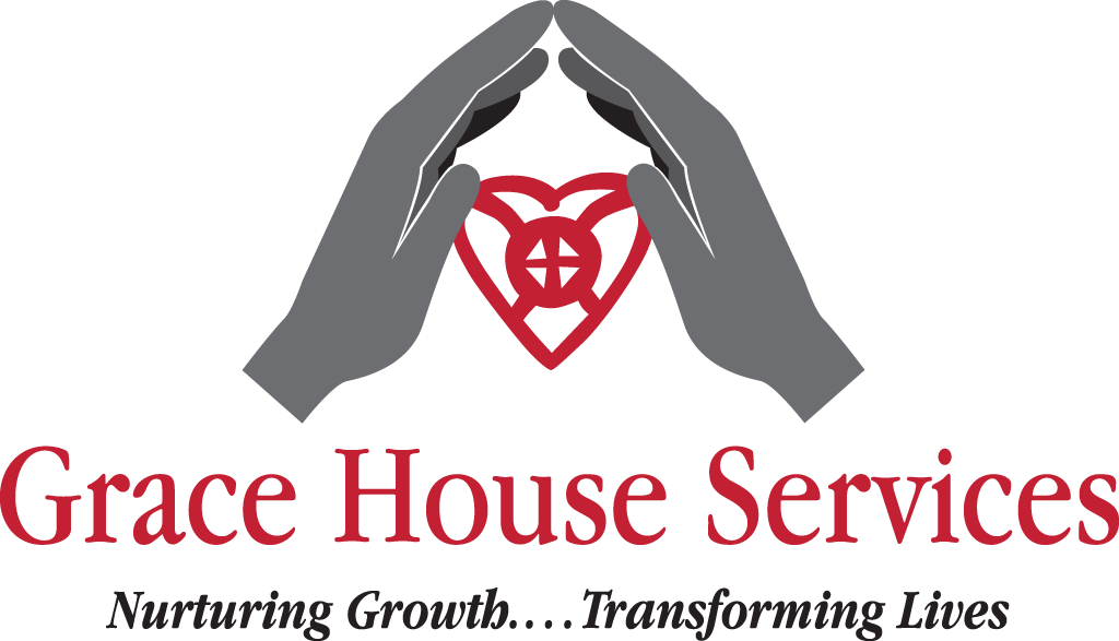 Logo for Grace House Services featuring two gray hands forming a roof-like shape over a stylized red heart and a cross inside the heart, with the tagline "Nurturing Growth...Transforming Lives."