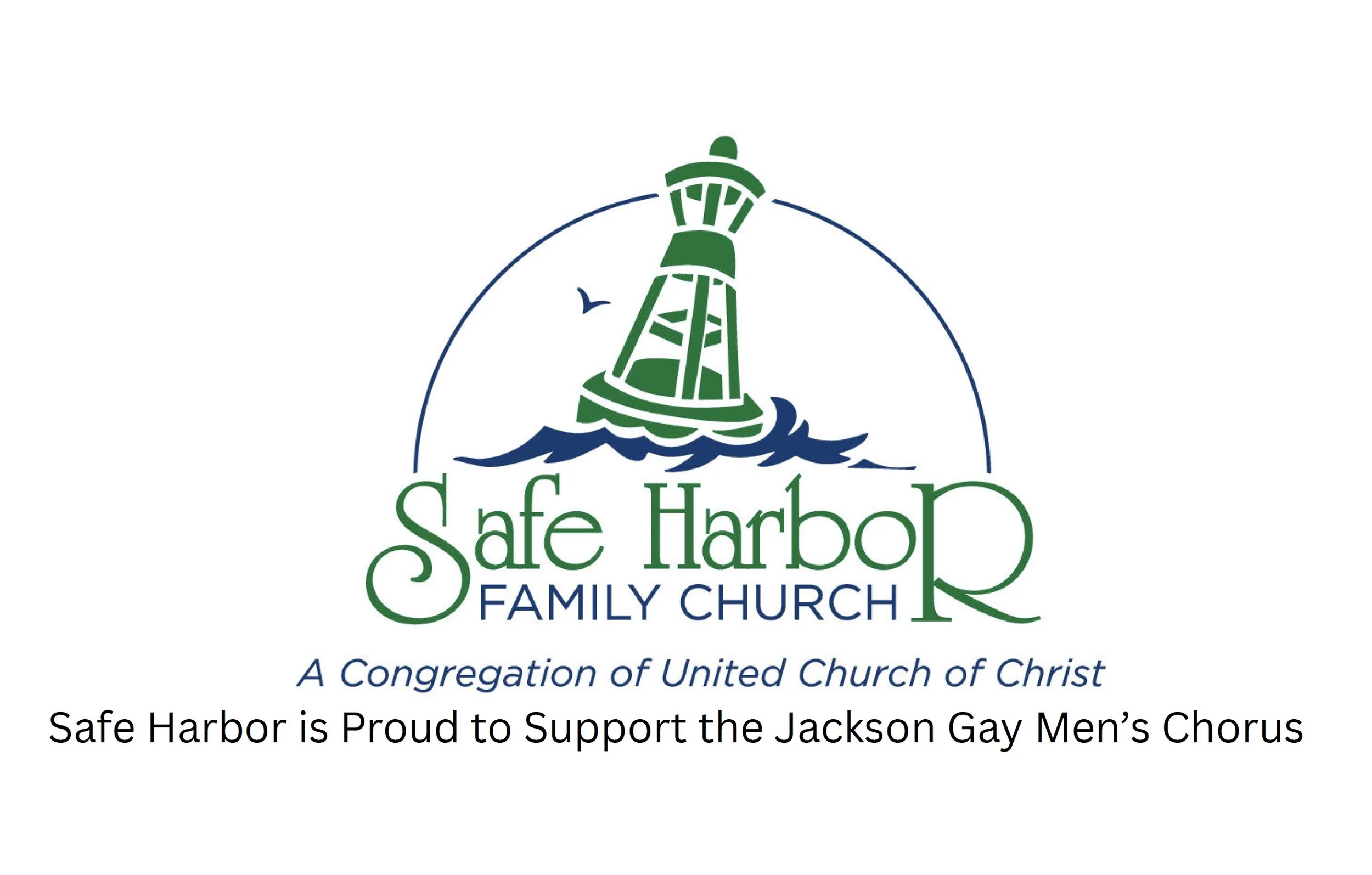 Logo of Safe Harbor Family Church featuring a green lighthouse with waves at its base, with the text 'Safe Harbor Family Church' and a tagline 'A Congregation of United Church of Christ'.