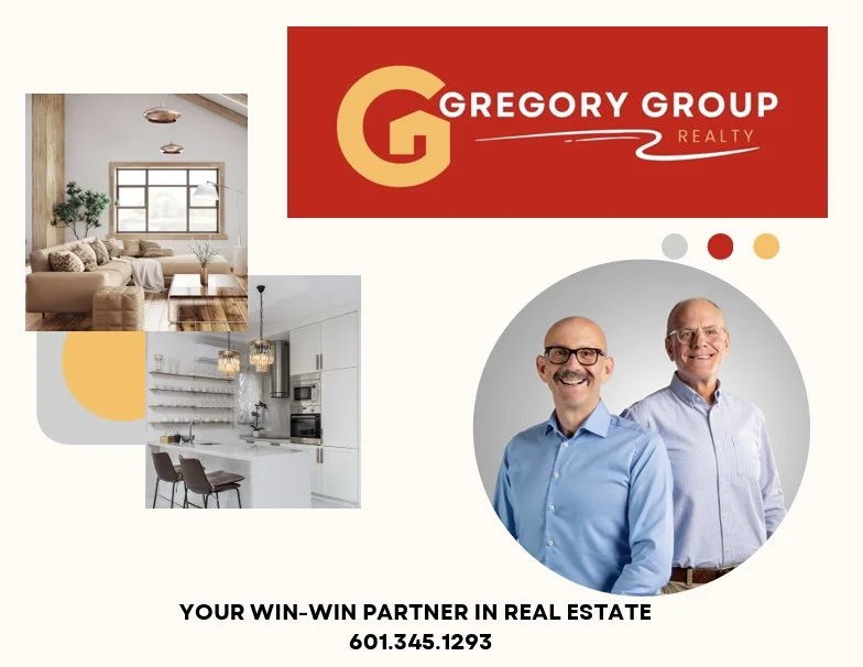 Branding graphic for Gregory Group Realty featuring images of a living room and kitchen, a photo of two smiling real estate agents, and the tagline "Your win-win partner in real estate" with contact number 601.345.1293.
