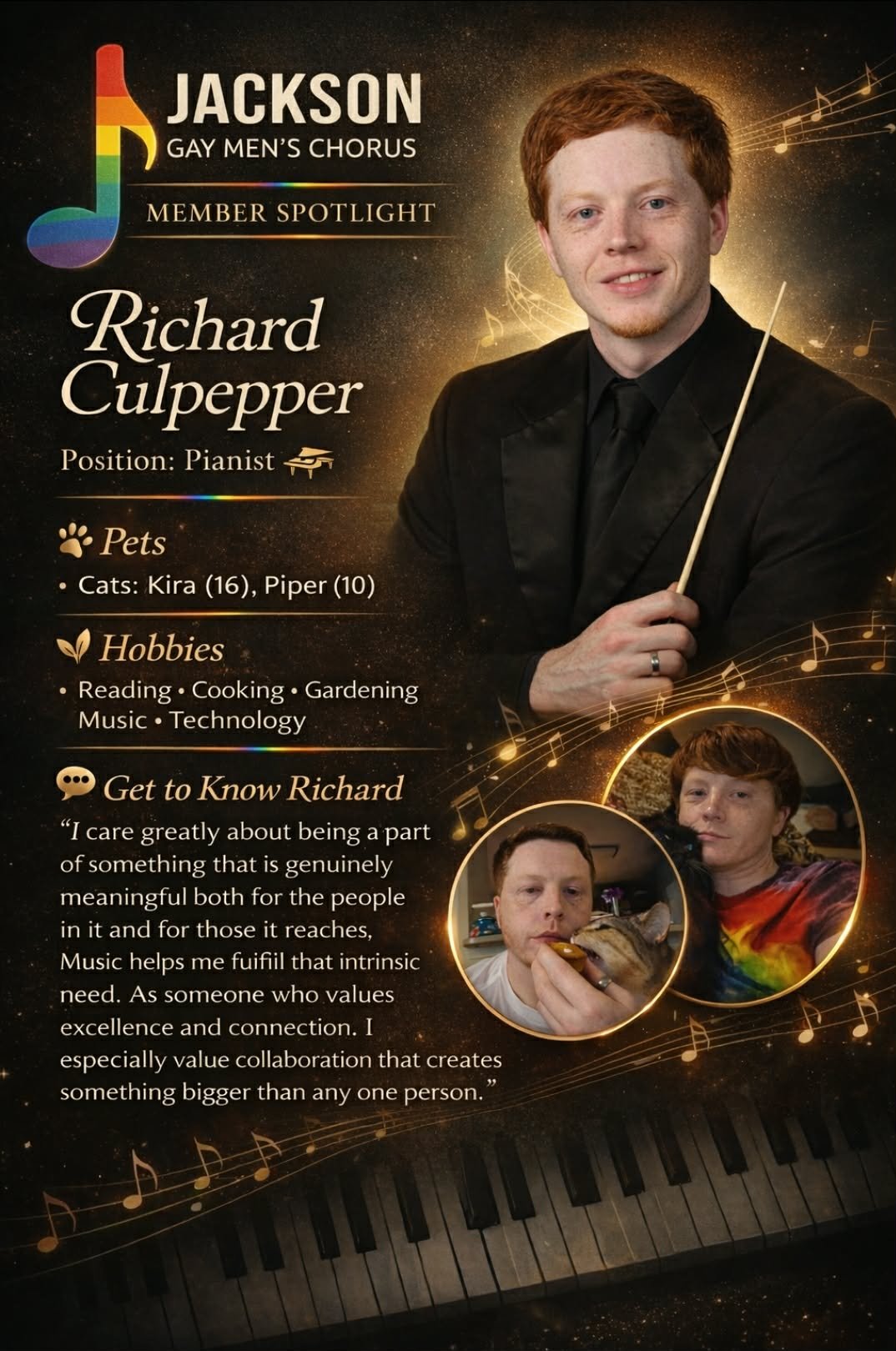 A promotional poster for Jackson Gay Men's Chorus featuring Richard Culpepper. The poster includes a portrait of Richard with a conductor's baton, his name, and his role as a pianist. It lists his pets: cats Kira and Piper, his hobbies including reading, cooking, gardening, music, and technology. There is a quote from Richard about his caring nature and appreciation for collaboration. The background features musical notes and a piano keyboard at the bottom.