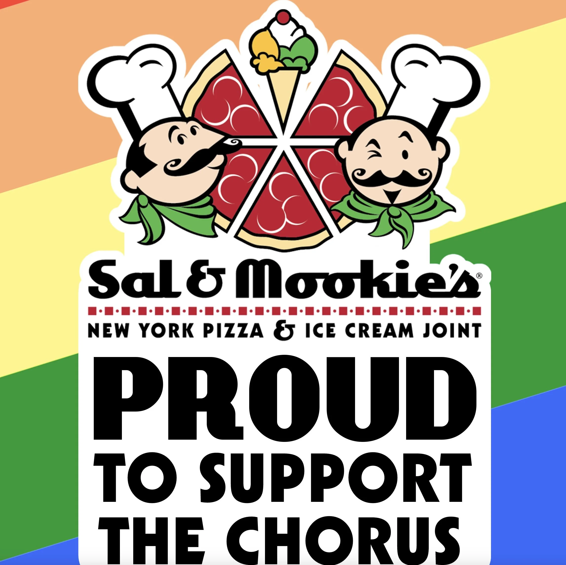 Colorful sticker showing a pizza with two characters in chef hats on each side, and text promoting support for the choir and food donation.