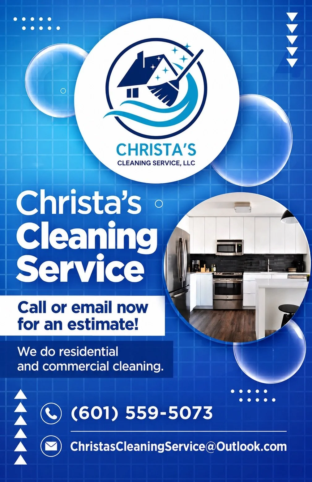 Flyer for Christa's Cleaning Service LLC featuring a logo with a house, broom, and waves; a kitchen photo; contact details including phone number and email.