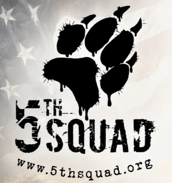 Black silhouette of a paw print with drips, text reading "The 5th Squad" and the website www.5thsquad.org on a background with a faint American flag.