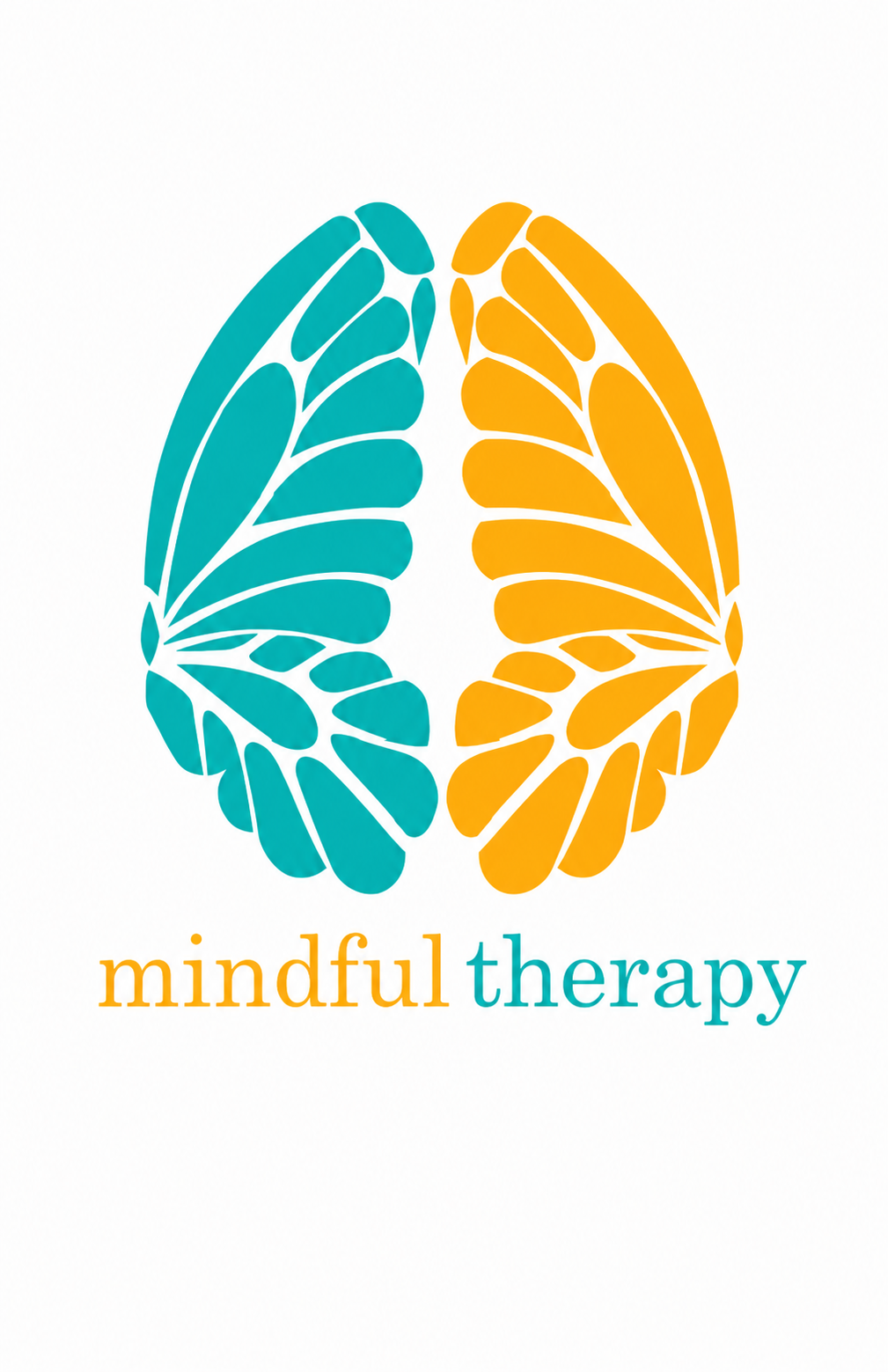 Graphic with stylized butterfly wings in blue and orange forming a brain shape, with text 'mindful therapy' below.