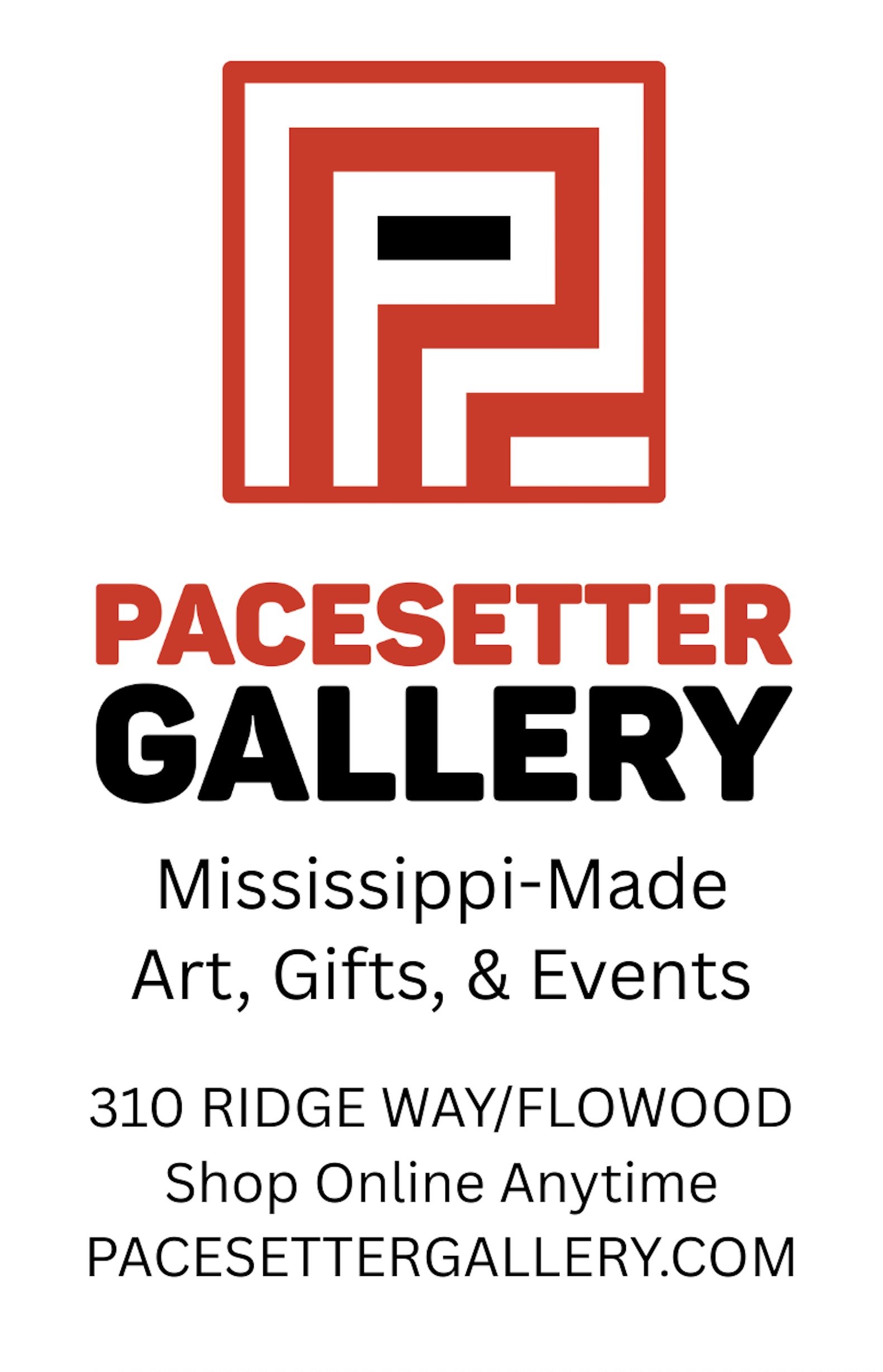 Logo of Pacesetter Gallery featuring a stylized red and black letter 'P' above text that reads "Pacesetter Gallery," with additional information about the gallery's location in Mississippi, its offerings of art, gifts, and events, and its website.