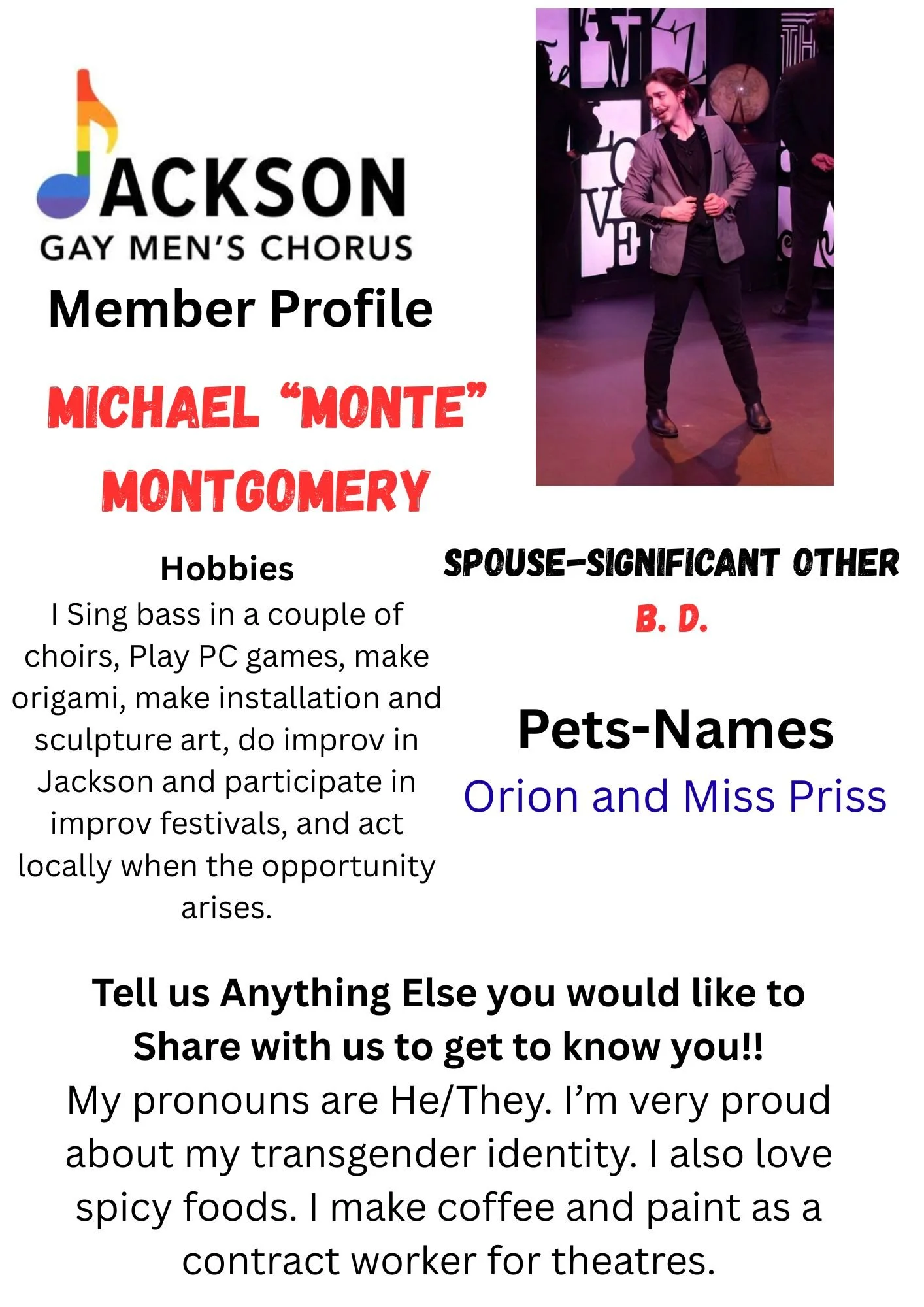 A digital graphic featuring the Jackson Gay Men's Chorus member profile for Michael 'Monte' Montgomery, including a photo of a person in a suit on stage, and text detailing hobbies, spouse and pets, language preferences, and a prompt to share additional information.
