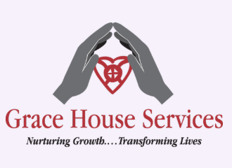 Two gray hands surrounding a red heart with a house shape and an infinity symbol inside, above the text "Grace House Services" and the slogan "Nurturing Growth...Transforming Lives".