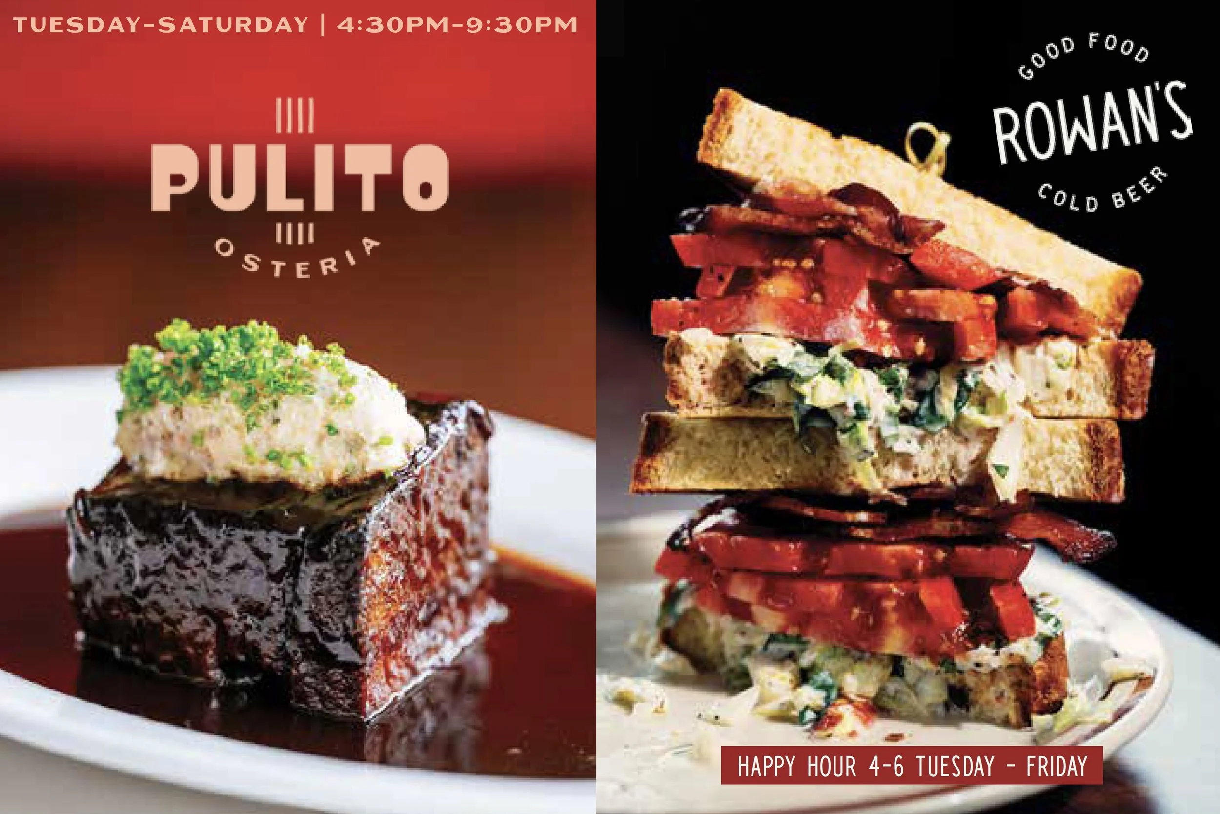Side-by-side images of food, with the left showing a close-up of a dessert topped with green sprinkles and served on a white plate, and the right showing a towering sandwich filled with meats, vegetables, and spreads, with text indicating happy hour from 4 to 6 PM on Tuesday to Friday.