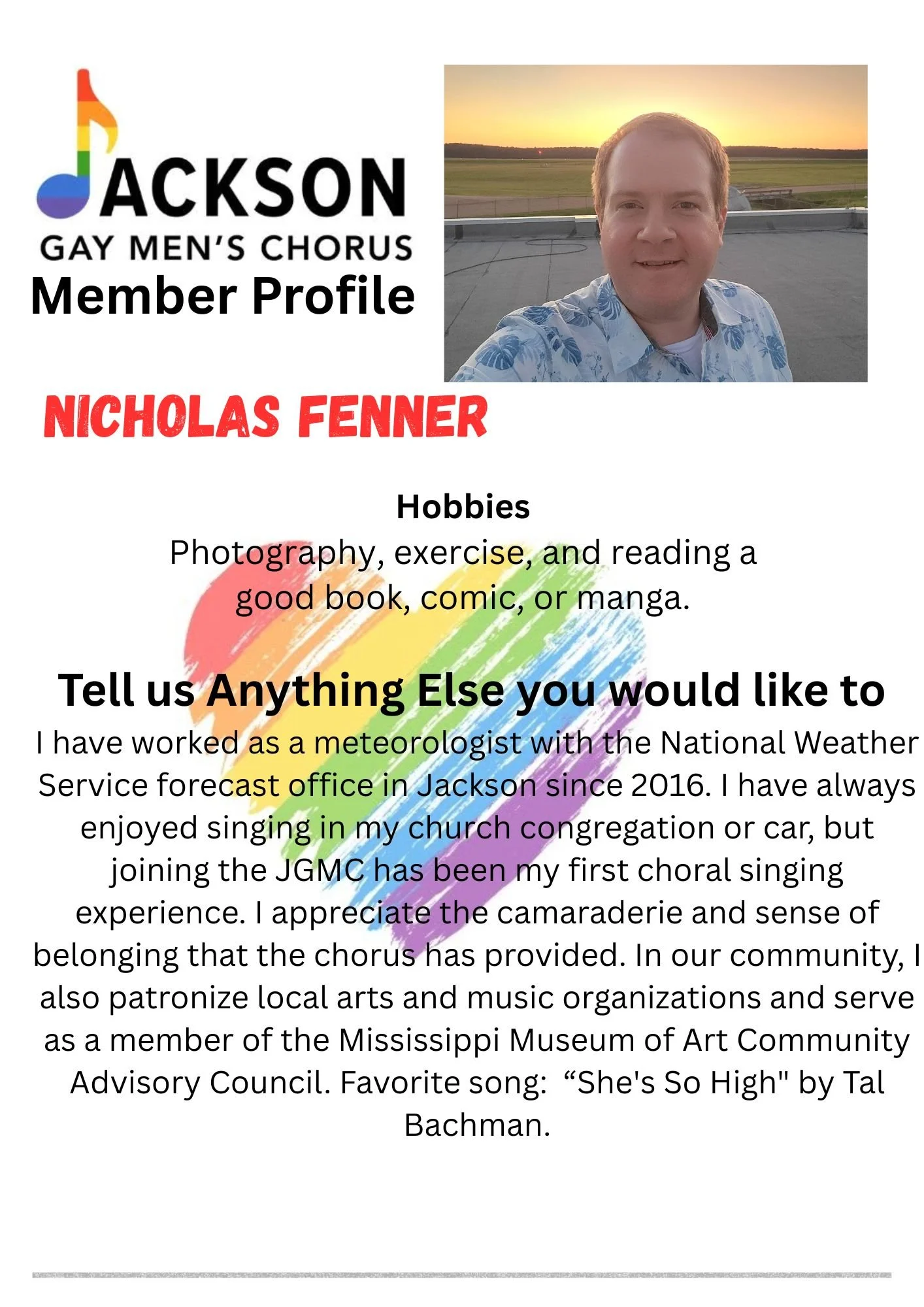 A member profile for Nicholas Fenner in the Jackson Gay Men's Chorus. The profile includes a photo of Nicholas Fenner smiling outdoors at sunset, text about his hobbies such as photography, exercise, reading, and singing, and a colorful rainbow brushstroke background.