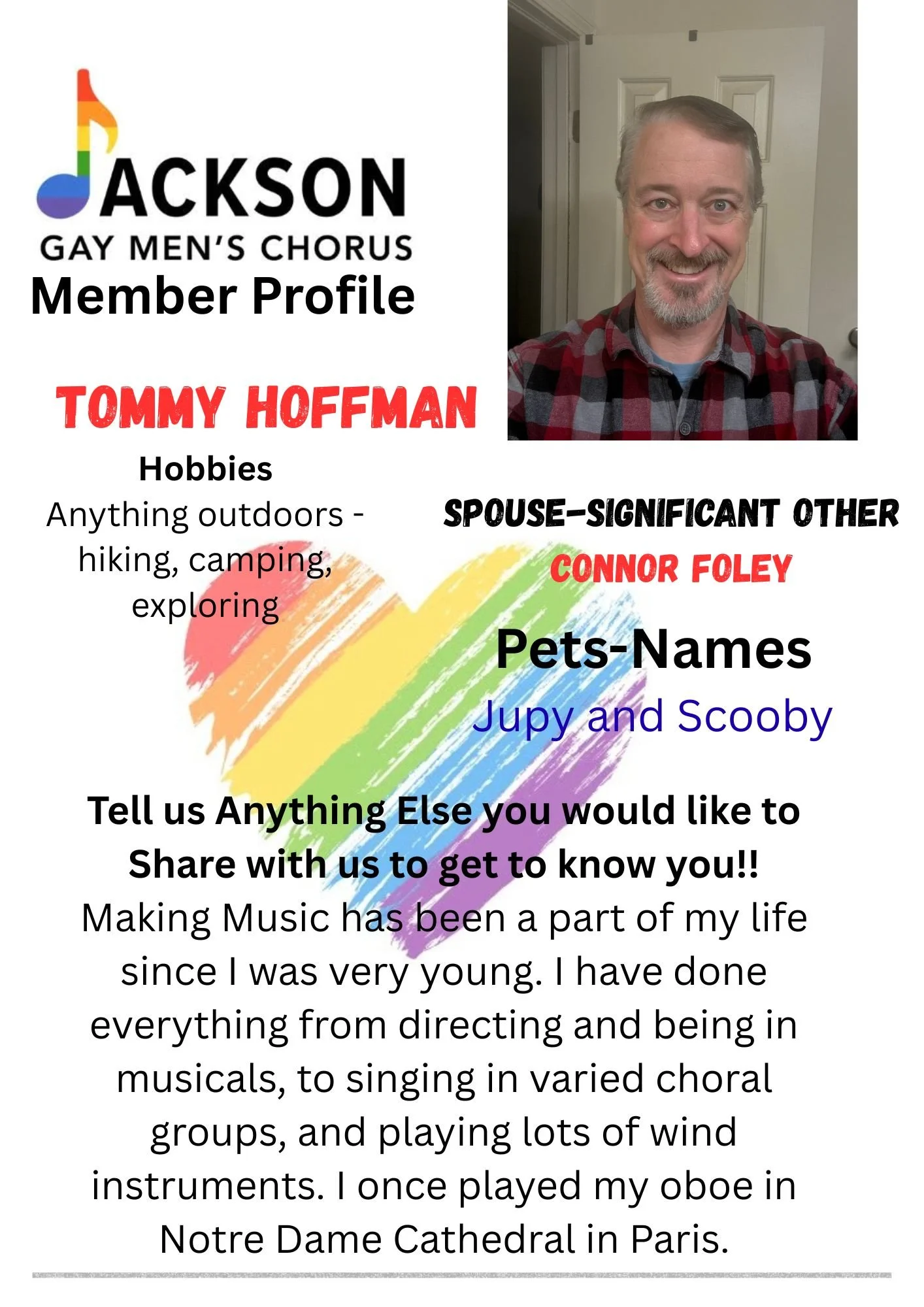 A colorful digital graphic featuring information about Tommy Hoffman, a member of the Jackson Gay Men's Chorus, including his hobbies of outdoor activities, and pets named Jupy and Scooby. The graphic contains a photo of Tommy Hoffman smiling in a checkered shirt, and rainbow-colored heart and brushstroke backgrounds.