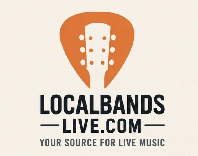 Logo of LocalBandsLive.com featuring an orange guitar pick shape with a white guitar headstock design and black text that reads 'LOCAL BANDS LIVE.COM YOUR SOURCE FOR LIVE MUSIC'.