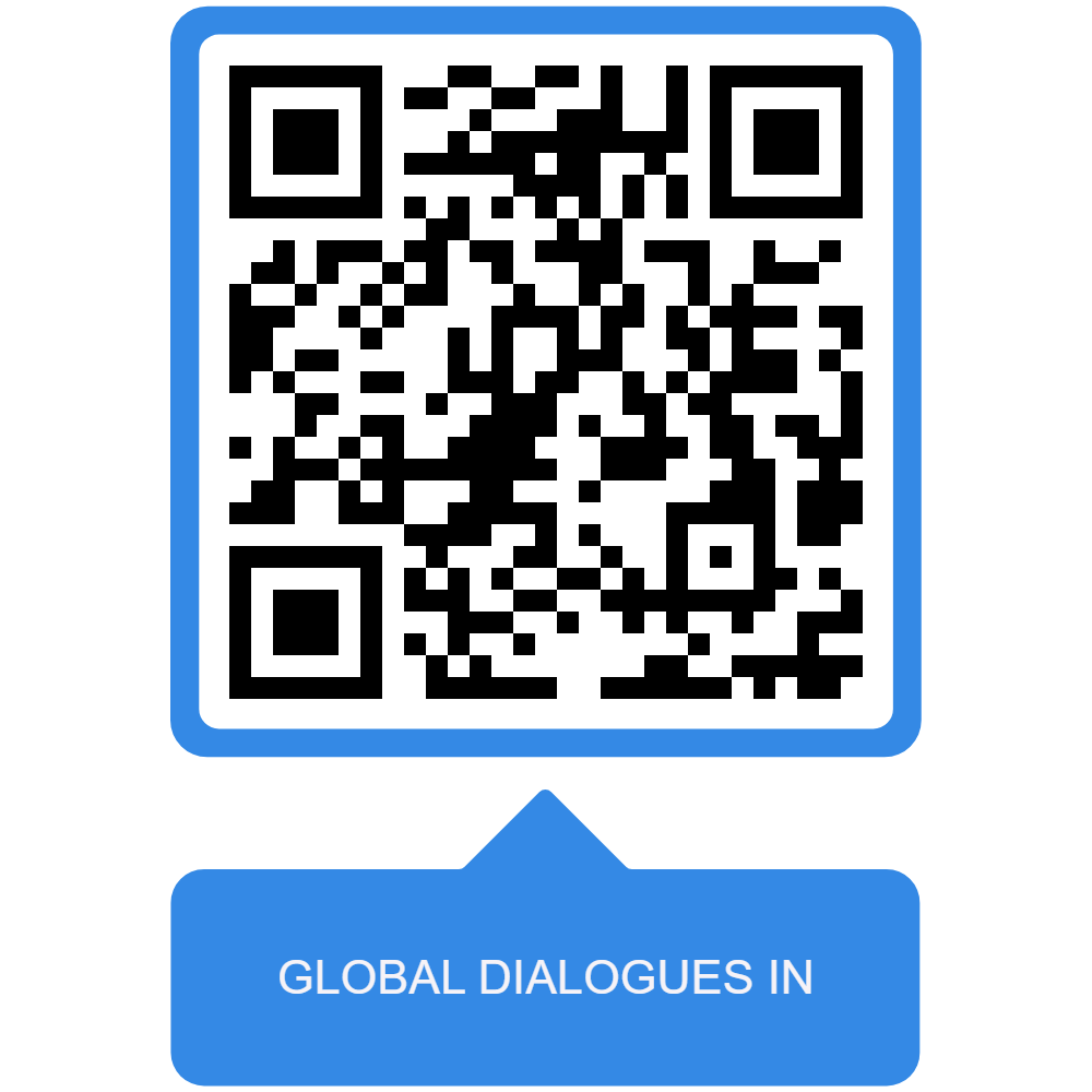 A QR code with a blue border and a blue label beneath it that reads 'GLOBAL DIALOGUES IN'.