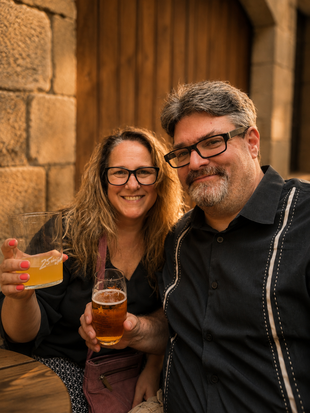 Bran and Jeff smile together at an outdoor café in golden-hour light while enjoying a relaxing afternoon during their travels.