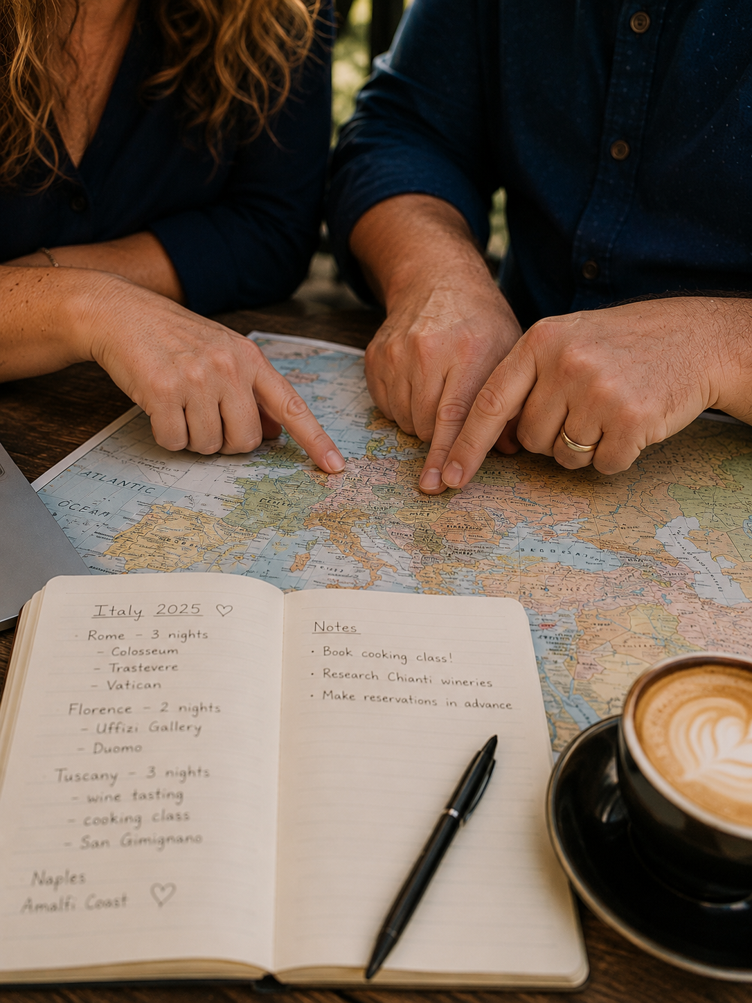 Two people pointing at a map of Europe during planning, with travel notes and a coffee on a wooden table.