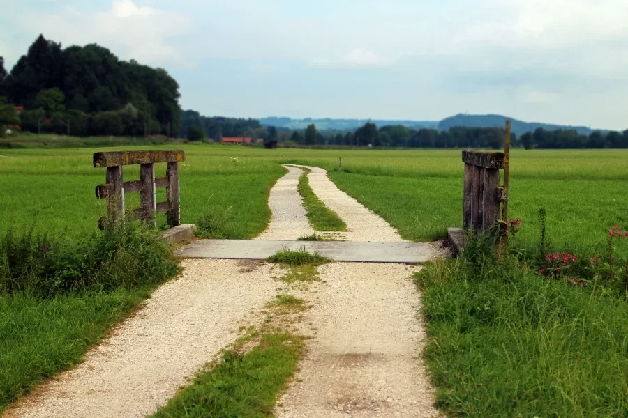 Small bridge of dirt road through a field