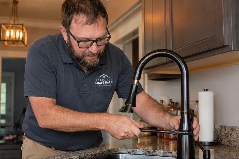 A man with glasses and a beard wearing a dark gray polo shirt, embroidered with Greenville Craftsman Logo,  Tightening a kitchen faucet with a wrench.