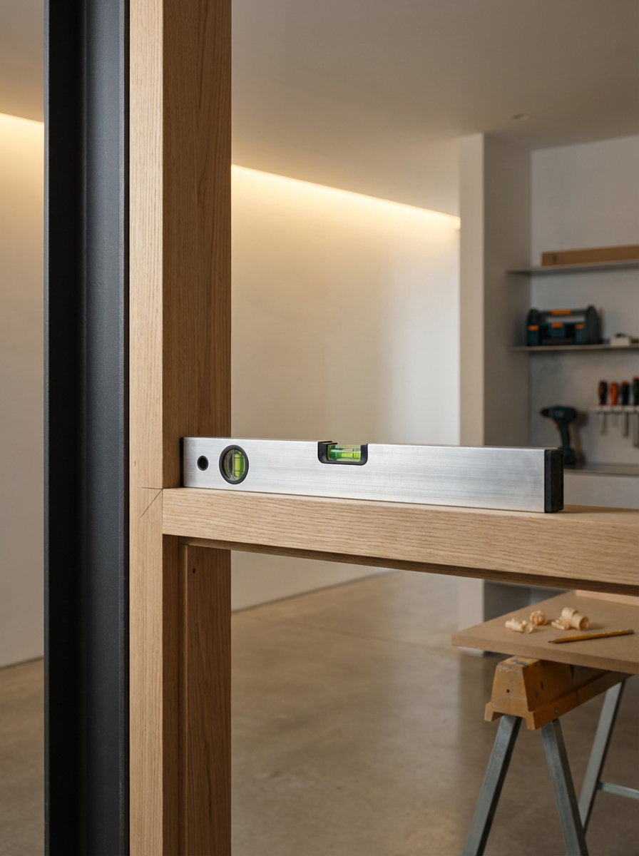 A bubble level tool placed on a wooden framework in a woodworking or construction setting.