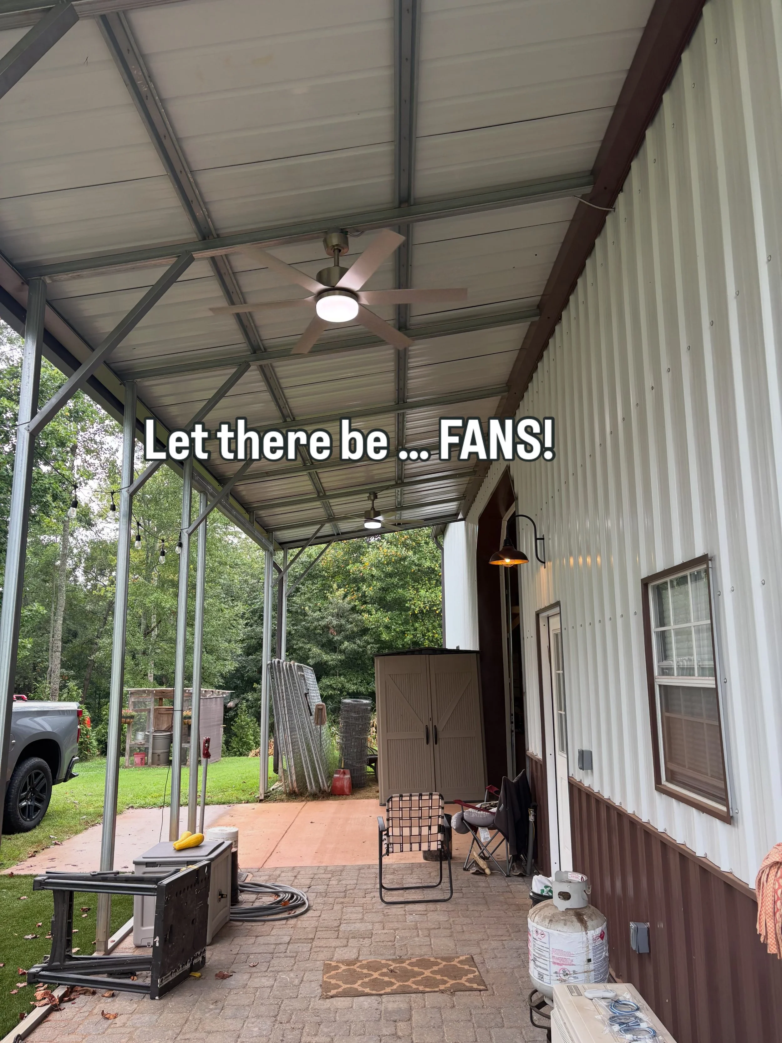 Lights and fans added outside of this barndo!