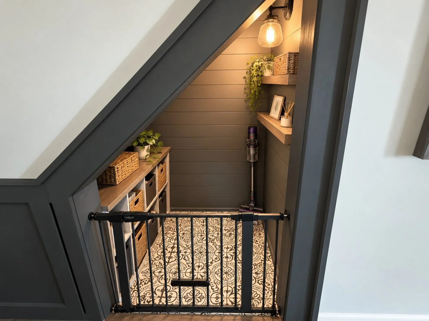 Under stairs Reno! We removed the wall, and created a cute little cubby. Originally made it for our dog, but it is so versatile and can be used for many different things!