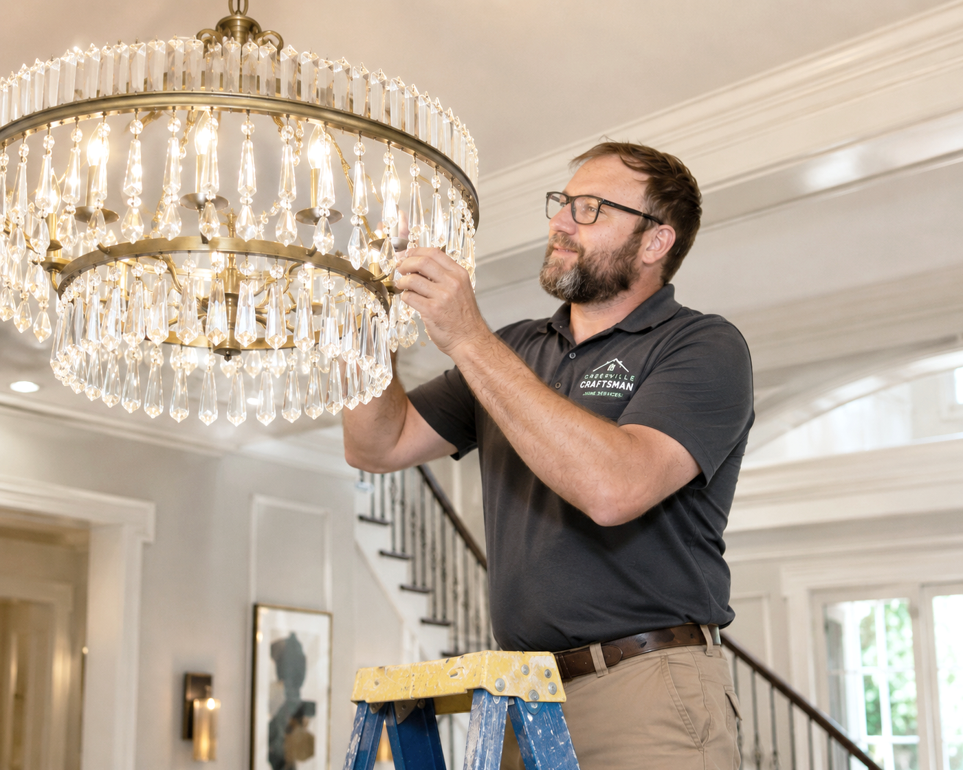 A man wearing glasses and a black polo shirt with an embroidered Greenville craftsman logo is standing on a stepladder, adjusting a large decorative chandelier with hanging crystal prisms in a bright, elegant room.