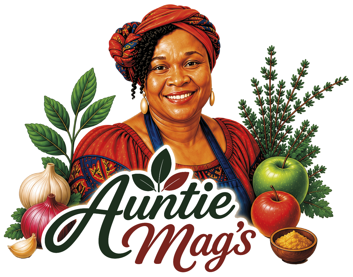 Illustration of a smiling woman wearing traditional African clothing and headwrap, surrounded by garlic, apples, herbs, and a bowl of yellow spice or grain.