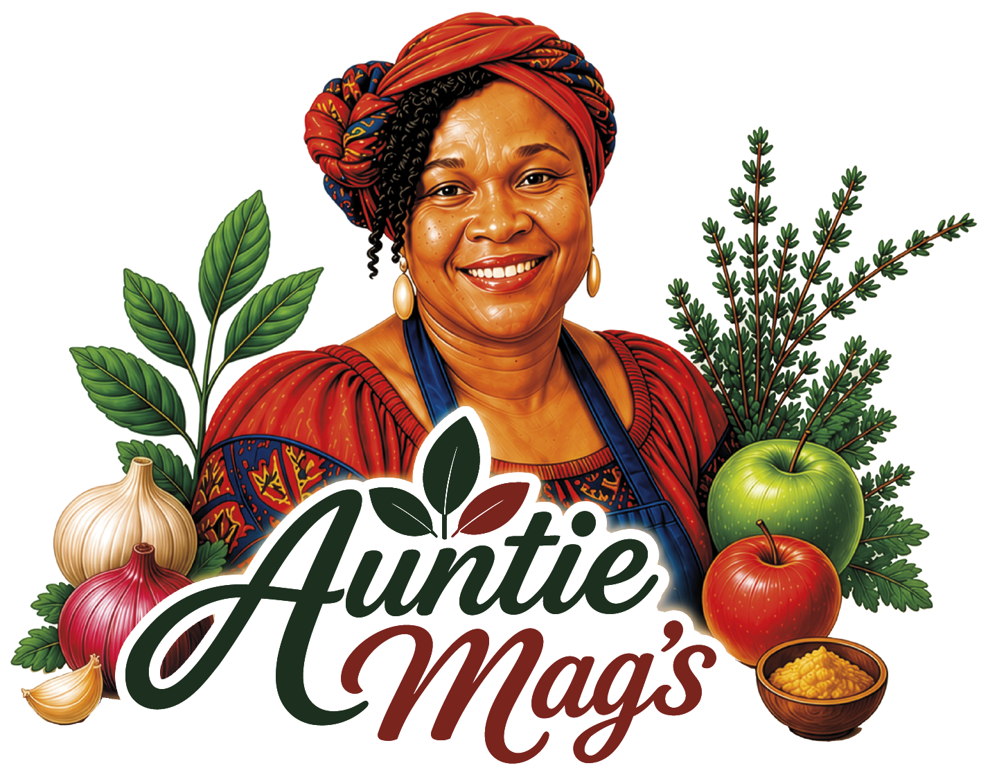 Digital illustration of a smiling woman with dark curly hair, wearing a patterned headscarf, earrings, and colorful clothing, surrounded by garlic, herbs, apples, and a bowl of honey.