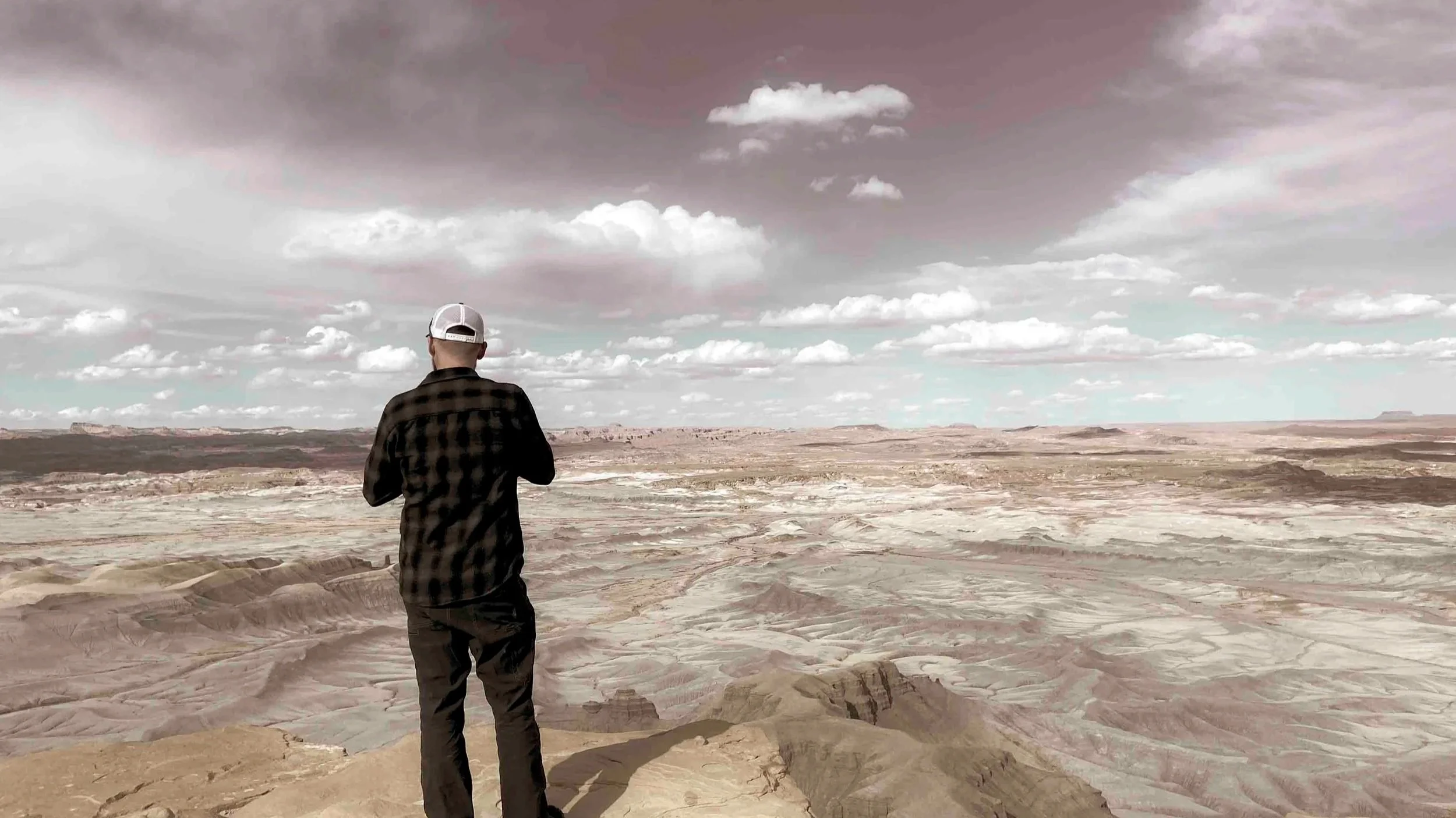 Person standing and looking out over a vast, arid desert landscape with rocky formations and cloudy sky.