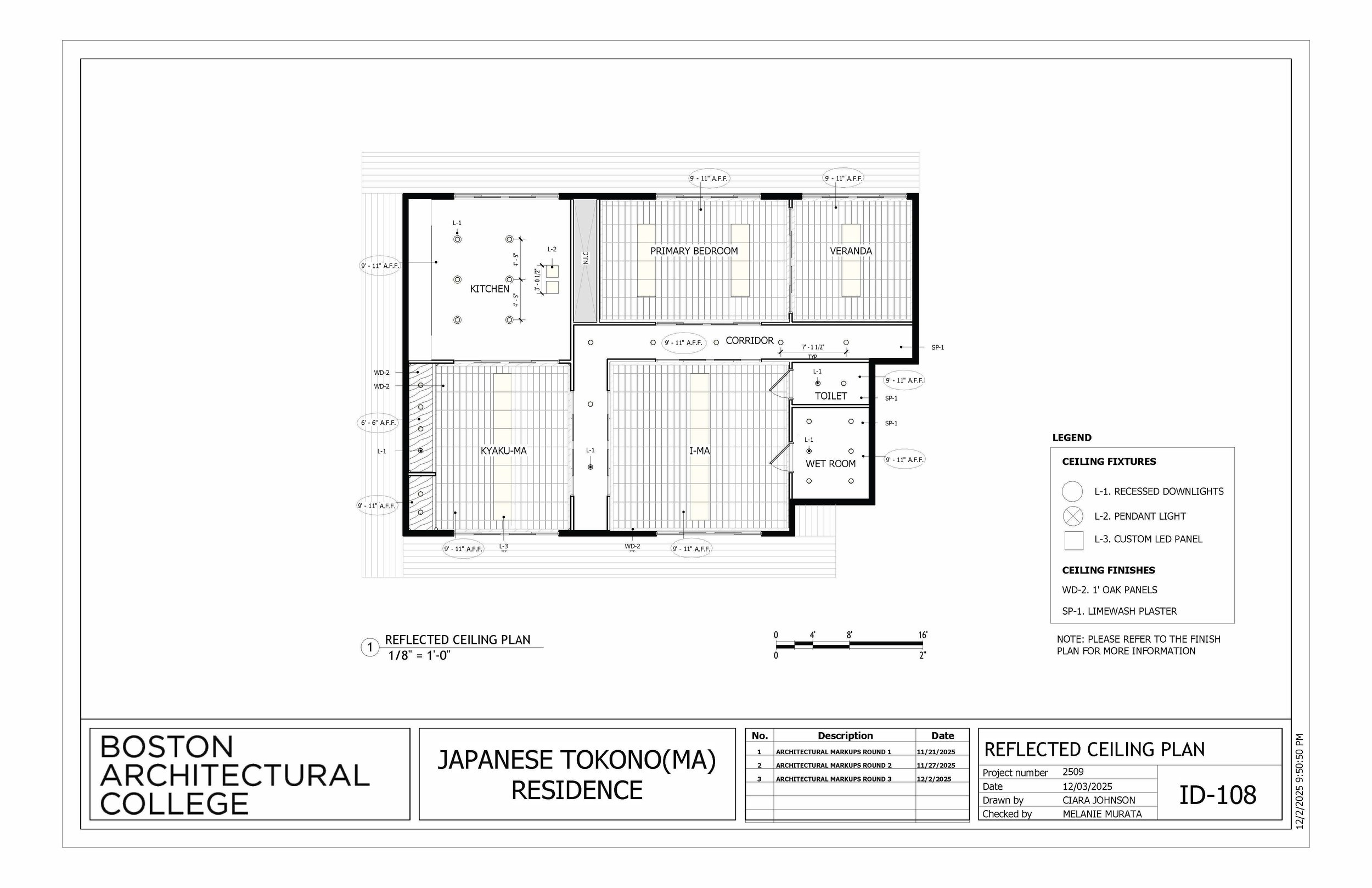 A detailed architectural floor plan of a residence, including rooms such as kitchen, primary bedroom, veranda, corridor, toilet, wet room, and custom LED panels with ceiling fixtures and finishes. The plan contains measurements, labels, and a legend 